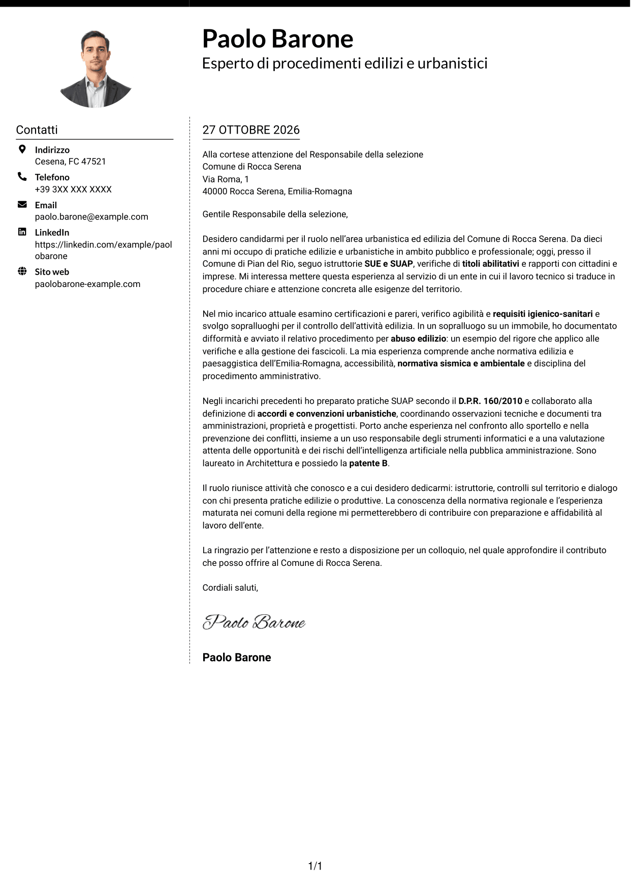 Lettera di presentazione Moderno (formato a due colonne con foto a sinistra e separatore): Esperto di progettazione e gestione di progetti complessi - Urbanistica ed edilizia, pagina 1