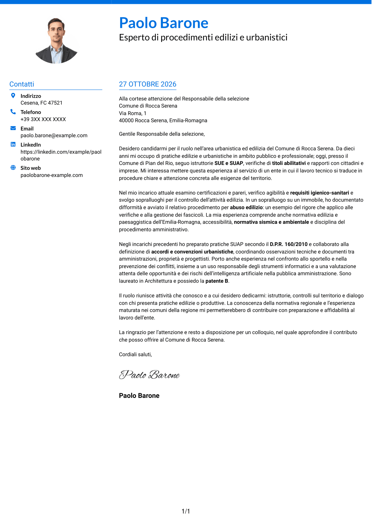 Lettera di presentazione Audace (formato a due colonne con accenti colorati e foto): Esperto di progettazione e gestione di progetti complessi - Urbanistica ed edilizia, pagina 1