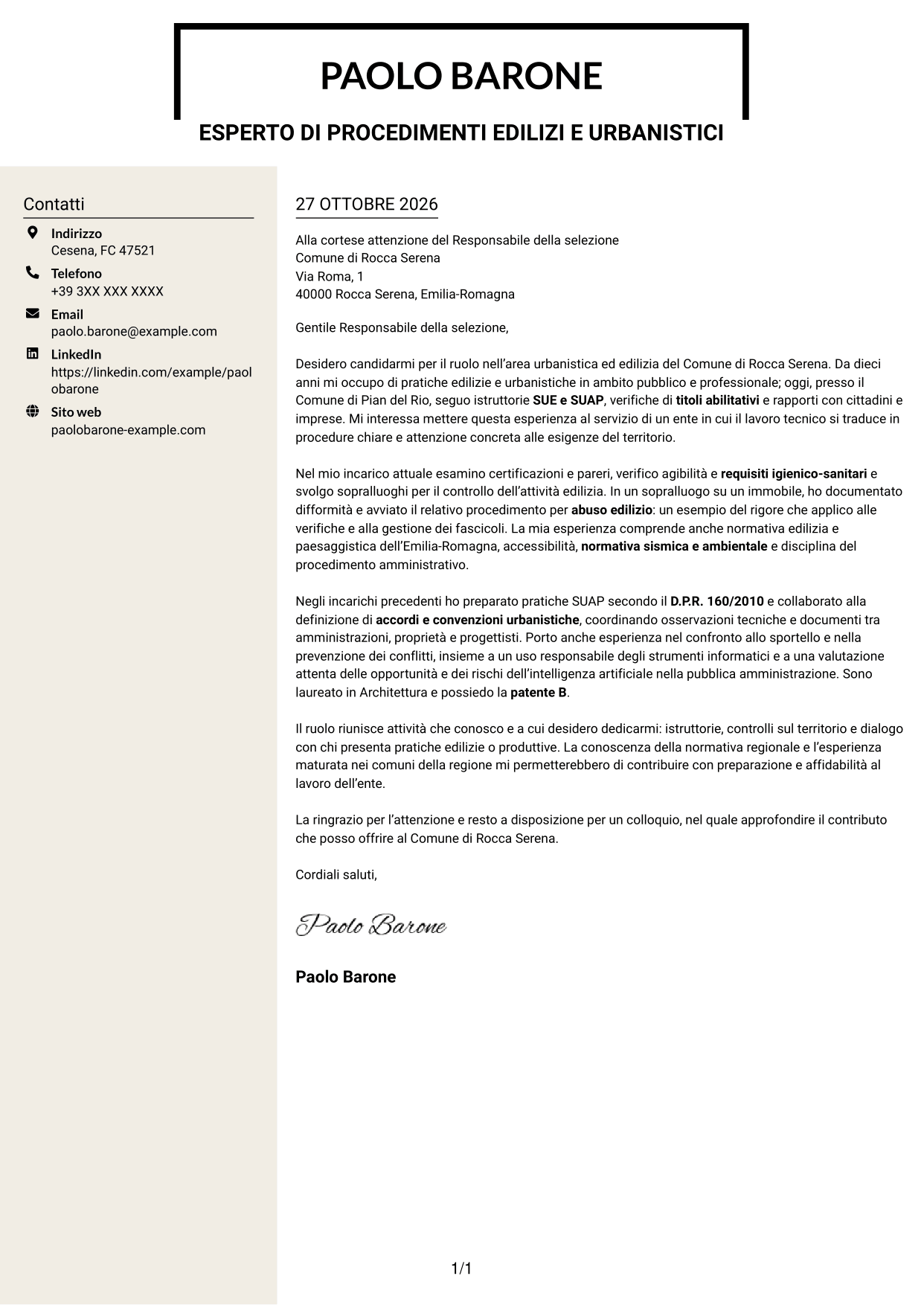 Lettera di presentazione Intraprendente (formato a due colonne con intestazione centrata senza foto): Esperto di progettazione e gestione di progetti complessi - Urbanistica ed edilizia, pagina 1