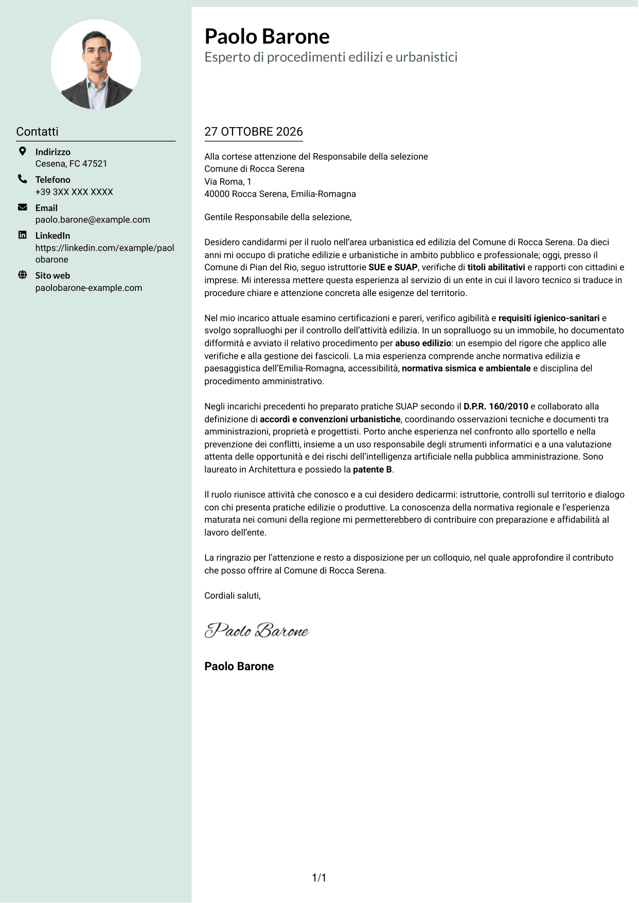 Lettera di presentazione Dirigente (formato con colonna laterale tenue e foto arrotondata): Esperto di progettazione e gestione di progetti complessi - Urbanistica ed edilizia, pagina 1
