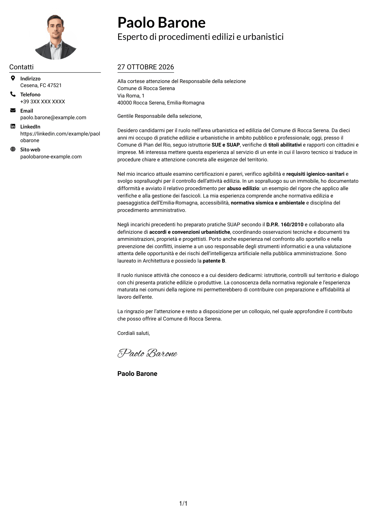 Esempio di lettera di presentazione — pagina 1