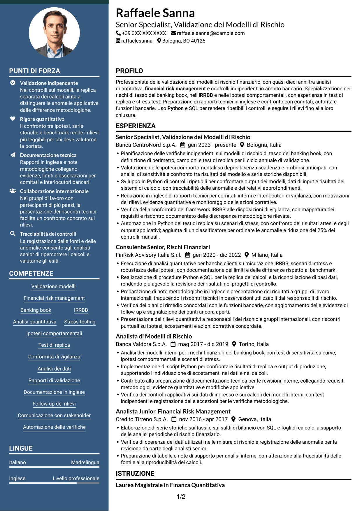 CV Elegante (formato con colonna laterale colorata e foto): Esperto di Validazione dei Modelli di Rischio - Rischi Finanziari di Banking Book, pagina 1