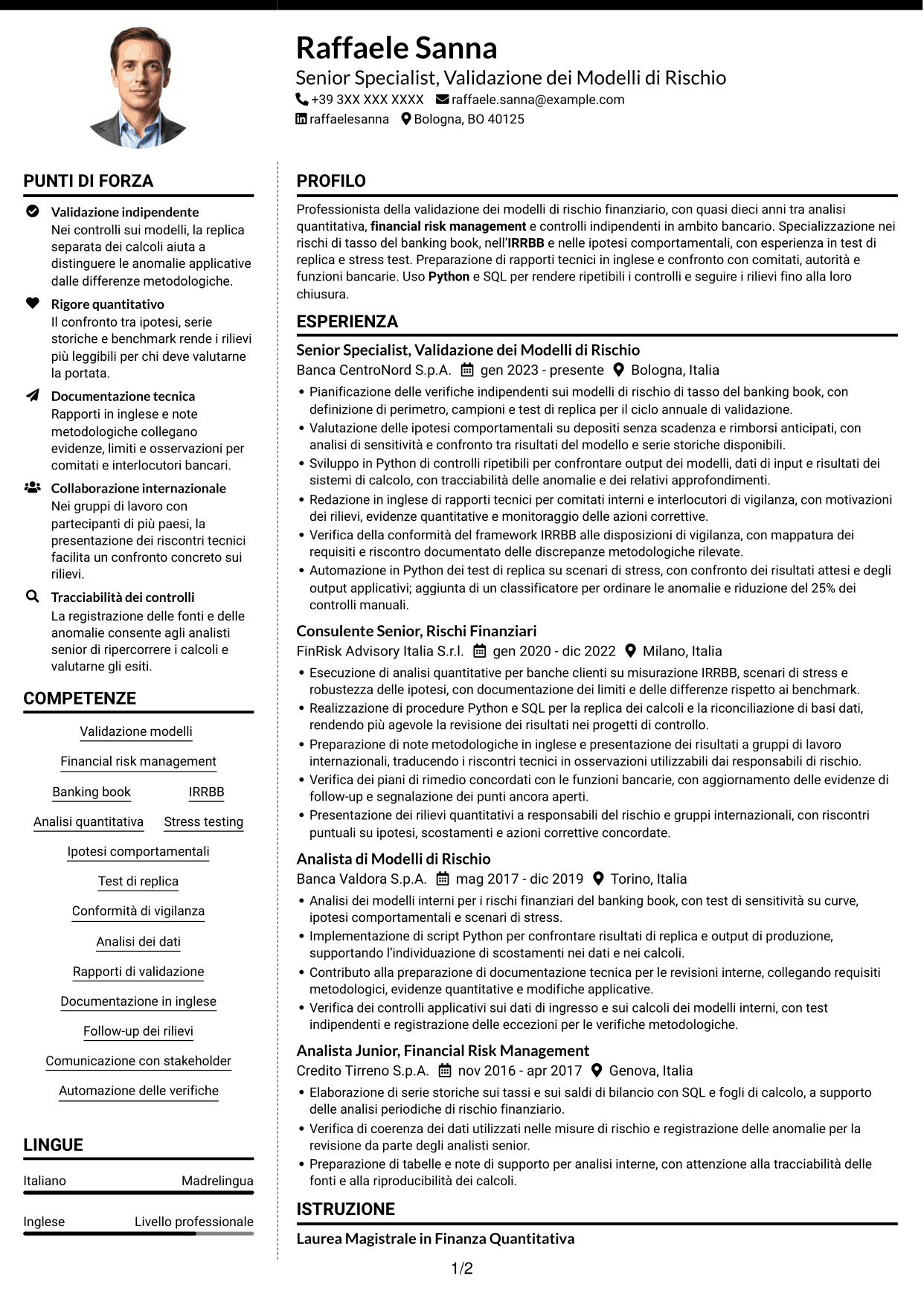 CV Moderno (formato a due colonne con foto a sinistra e separatore): Esperto di Validazione dei Modelli di Rischio - Rischi Finanziari di Banking Book, pagina 1