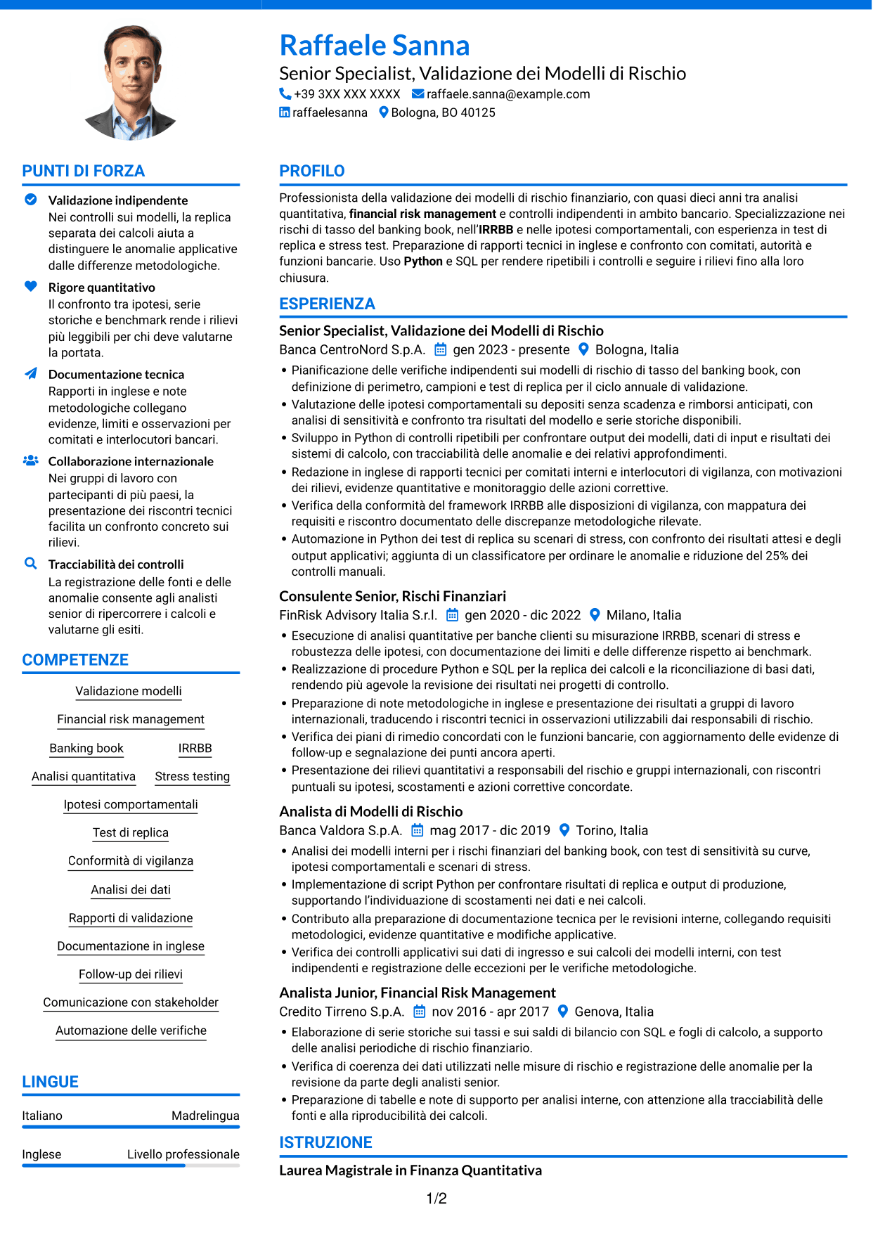 CV Audace (formato a due colonne con accenti colorati e foto): Esperto di Validazione dei Modelli di Rischio - Rischi Finanziari di Banking Book, pagina 1