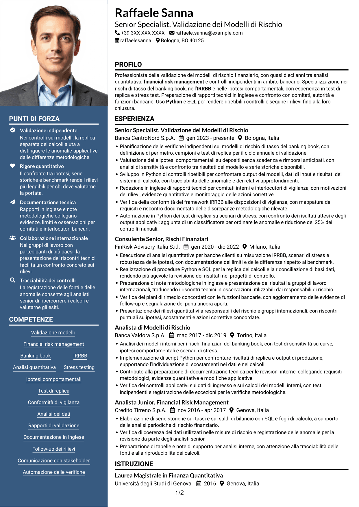 CV Signature (formato con colonna laterale colorata e foto grande): Esperto di Validazione dei Modelli di Rischio - Rischi Finanziari di Banking Book, pagina 1