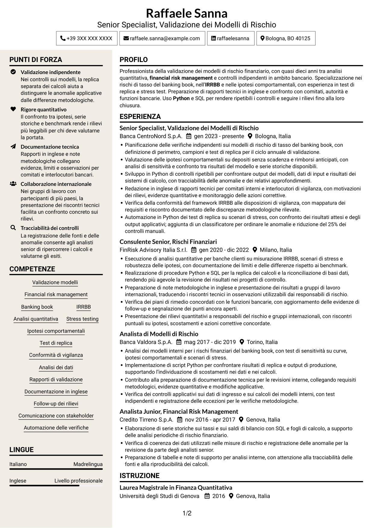 CV Intraprendente (formato a due colonne con intestazione centrata senza foto): Esperto di Validazione dei Modelli di Rischio - Rischi Finanziari di Banking Book, pagina 1