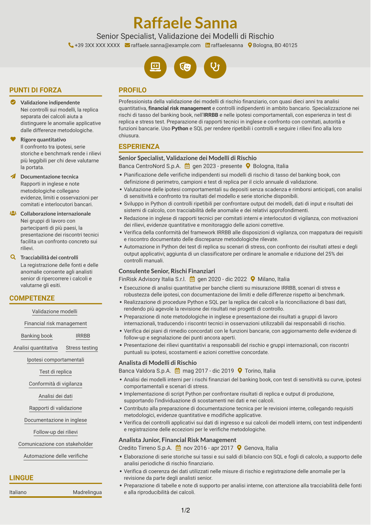 CV Dinamico (formato a due colonne con icone): Esperto di Validazione dei Modelli di Rischio - Rischi Finanziari di Banking Book, pagina 1