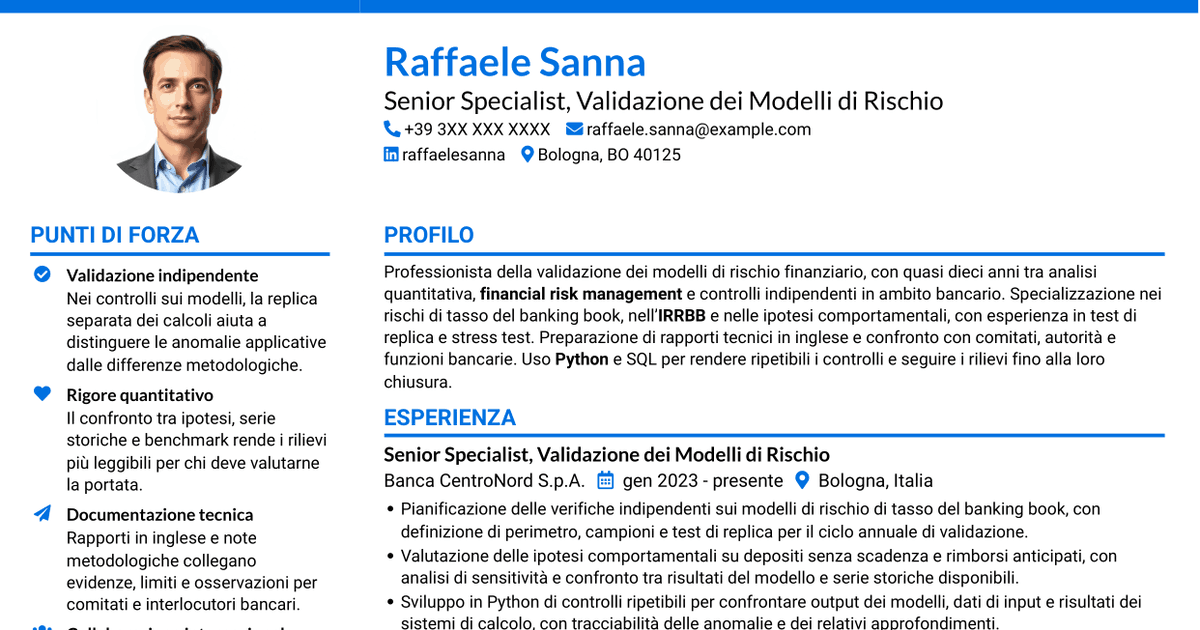 7 modelli di CV per Esperto di Validazione dei Modelli di Rischio - Rischi Finanziari di Banking Book, con esempi