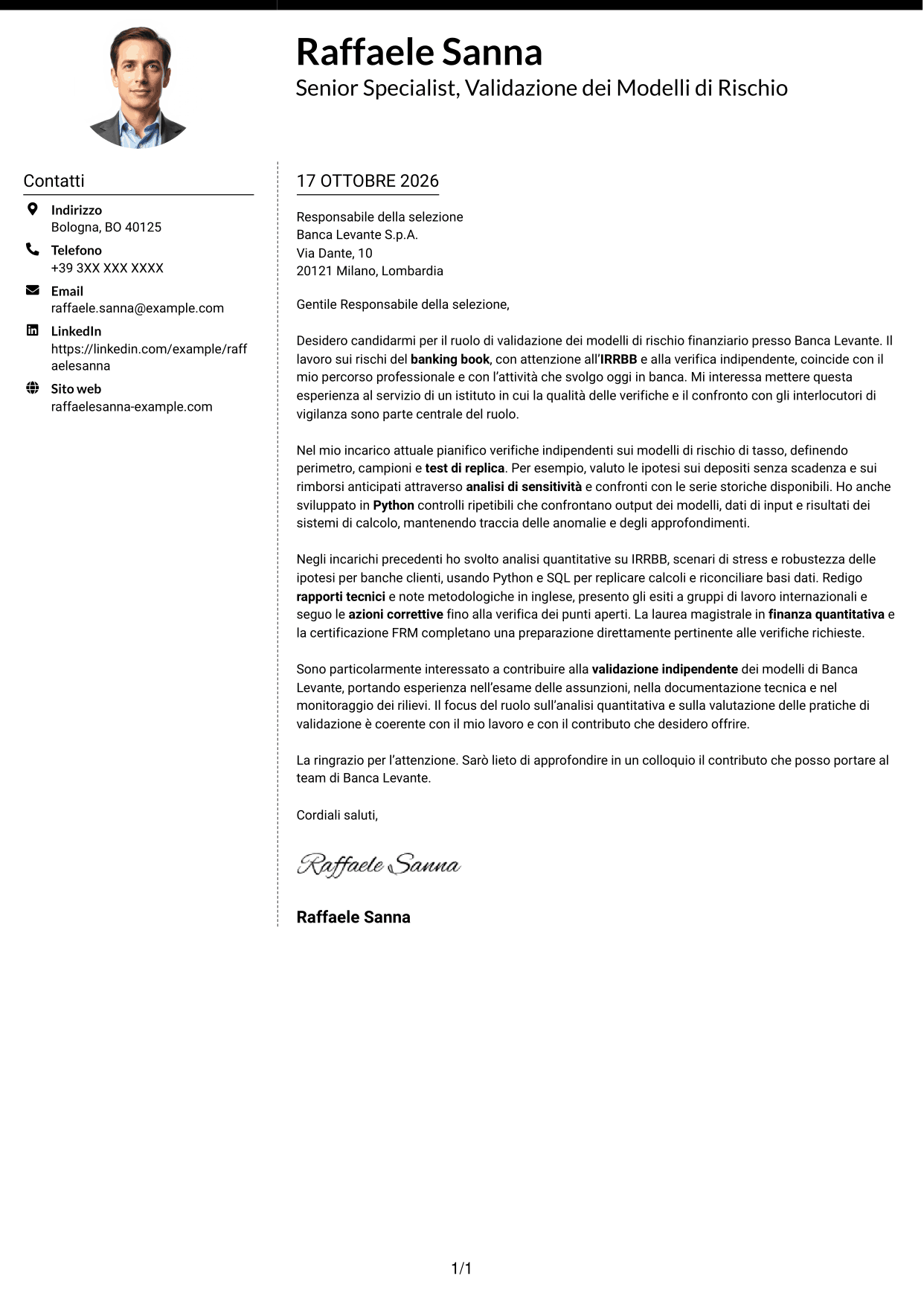 Lettera di presentazione Moderno (formato a due colonne con foto a sinistra e separatore): Esperto di Validazione dei Modelli di Rischio - Rischi Finanziari di Banking Book, pagina 1