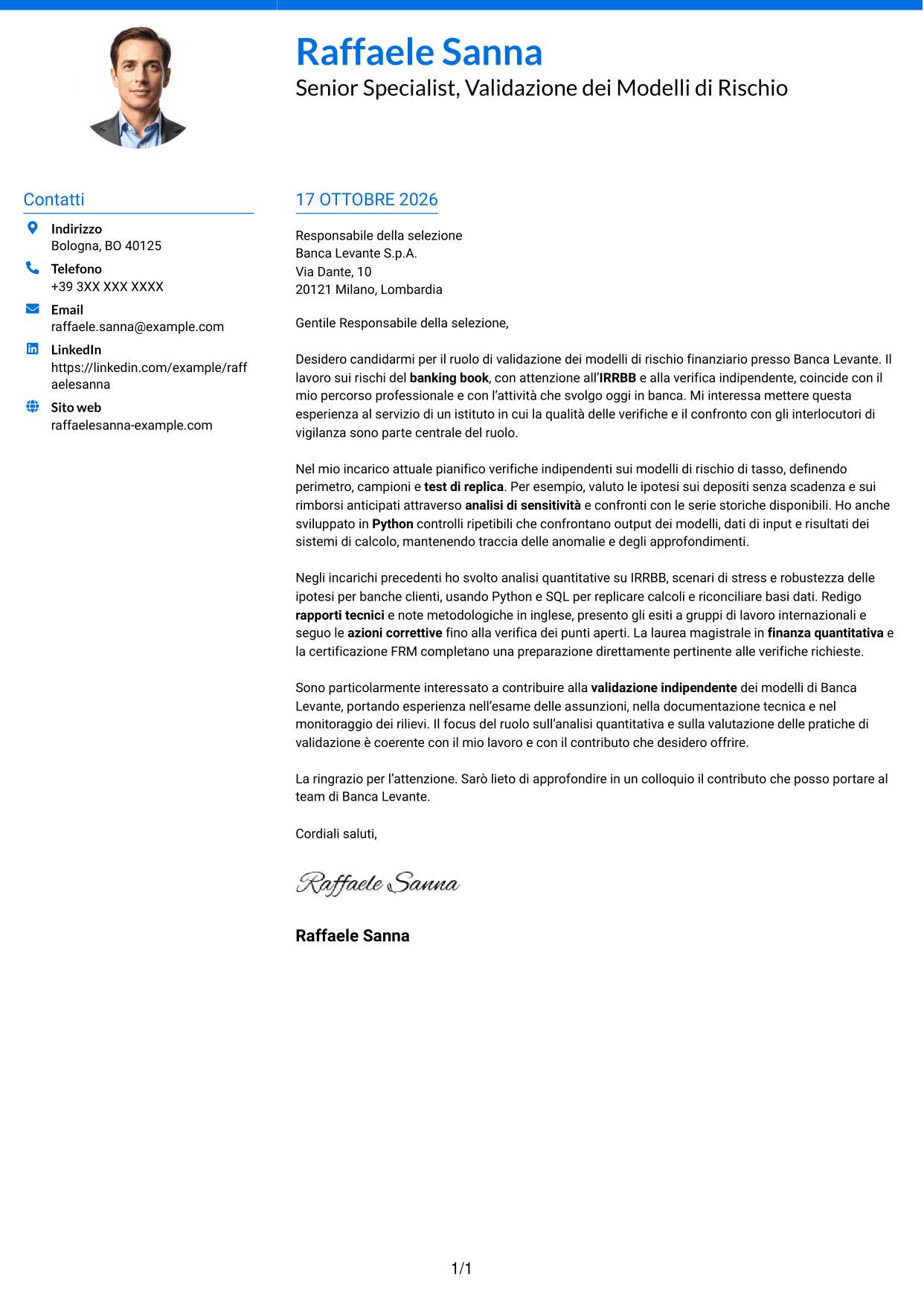 Lettera di presentazione Audace (formato a due colonne con accenti colorati e foto): Esperto di Validazione dei Modelli di Rischio - Rischi Finanziari di Banking Book, pagina 1