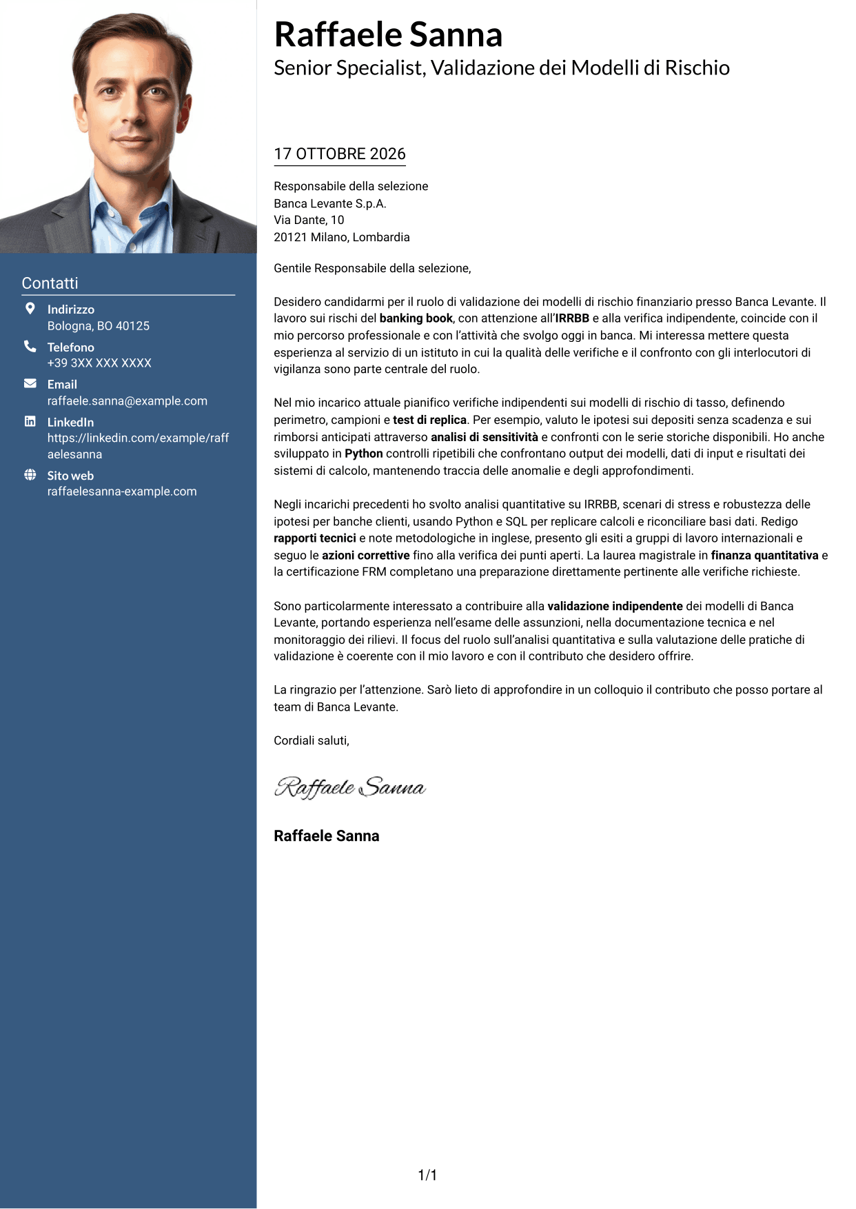 Lettera di presentazione Signature (formato con colonna laterale colorata e foto grande): Esperto di Validazione dei Modelli di Rischio - Rischi Finanziari di Banking Book, pagina 1