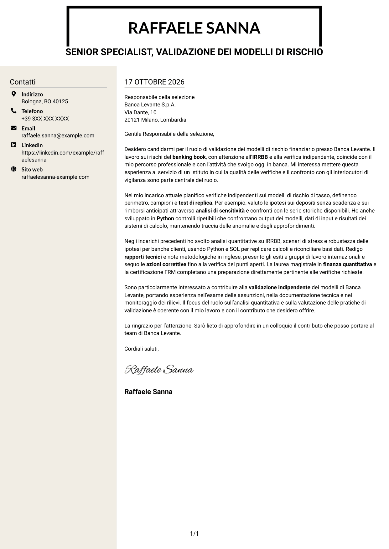 Lettera di presentazione Intraprendente (formato a due colonne con intestazione centrata senza foto): Esperto di Validazione dei Modelli di Rischio - Rischi Finanziari di Banking Book, pagina 1
