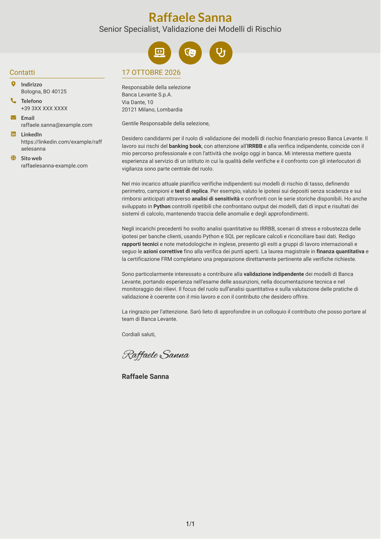 Lettera di presentazione Dinamico (formato a due colonne con icone): Esperto di Validazione dei Modelli di Rischio - Rischi Finanziari di Banking Book, pagina 1