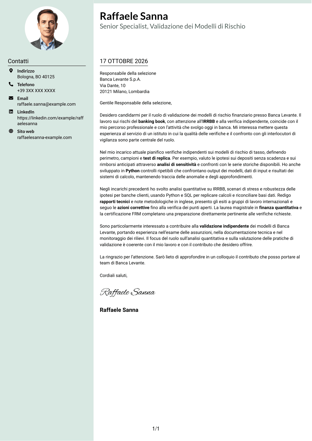 Lettera di presentazione Dirigente (formato con colonna laterale tenue e foto arrotondata): Esperto di Validazione dei Modelli di Rischio - Rischi Finanziari di Banking Book, pagina 1