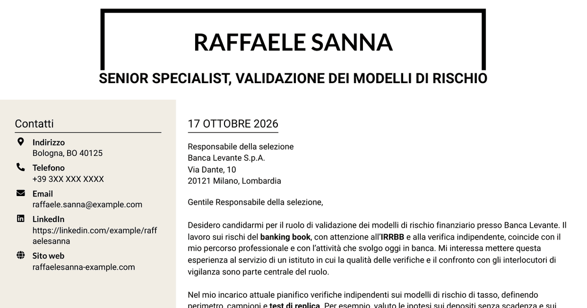 7 modelli di lettera di presentazione per Esperto di Validazione dei Modelli di Rischio - Rischi Finanziari di Banking Book, con esempi