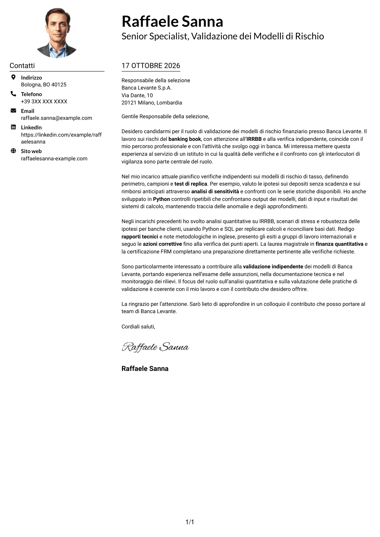 Esempio di lettera di presentazione — pagina 1
