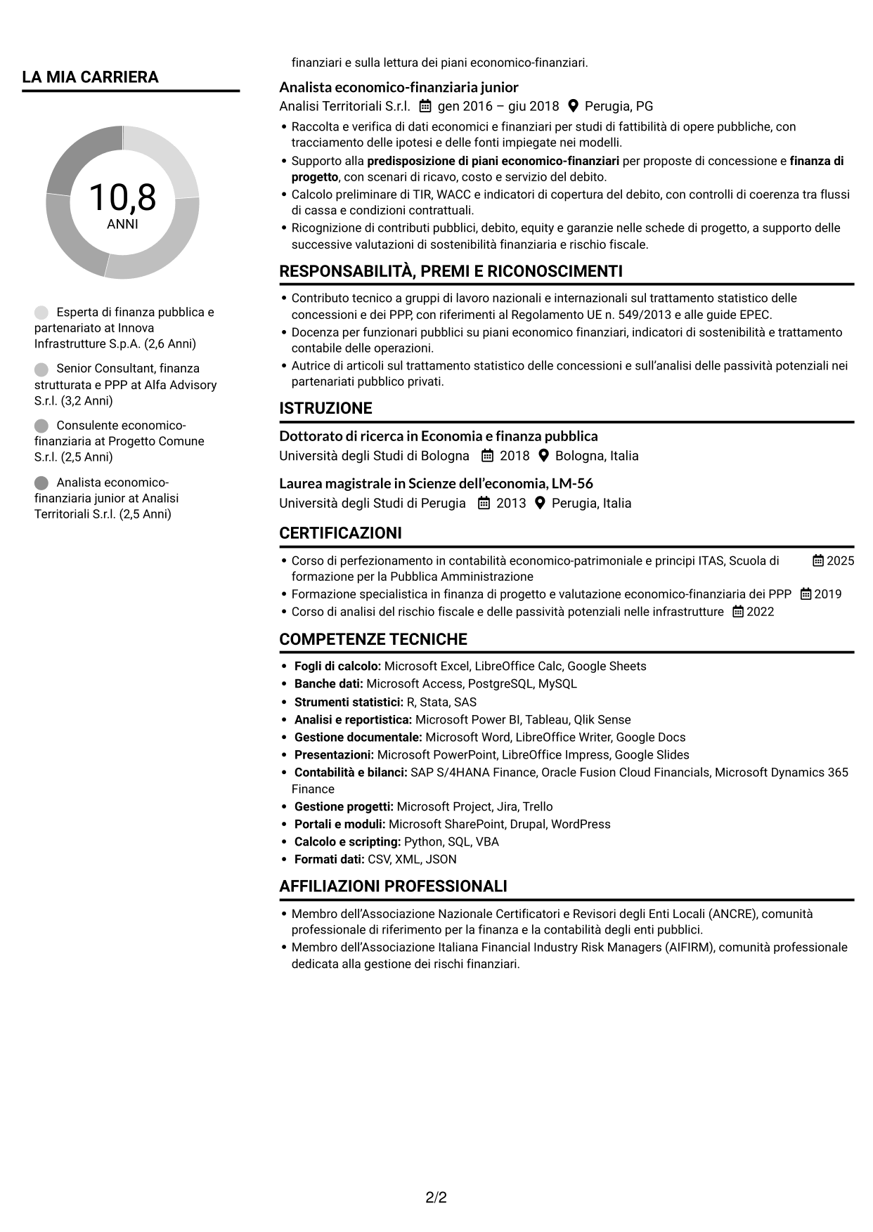 CV Compatto (formato sobrio a due colonne con foto): Esperto economico-finanziario - Partenariato pubblico-privato, pagina 2