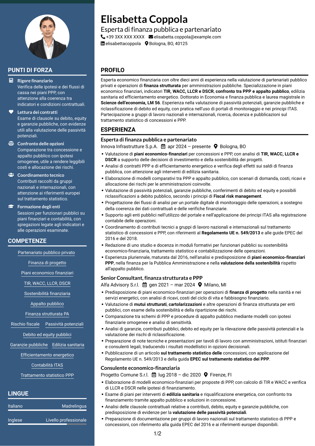 CV Elegante (formato con colonna laterale colorata e foto): Esperto economico-finanziario - Partenariato pubblico-privato, pagina 1