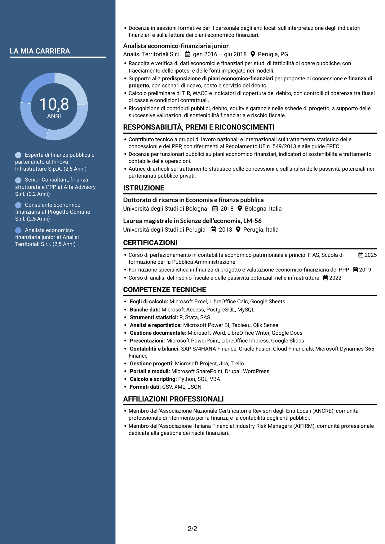 CV Elegante (formato con colonna laterale colorata e foto): Esperto economico-finanziario - Partenariato pubblico-privato, pagina 2