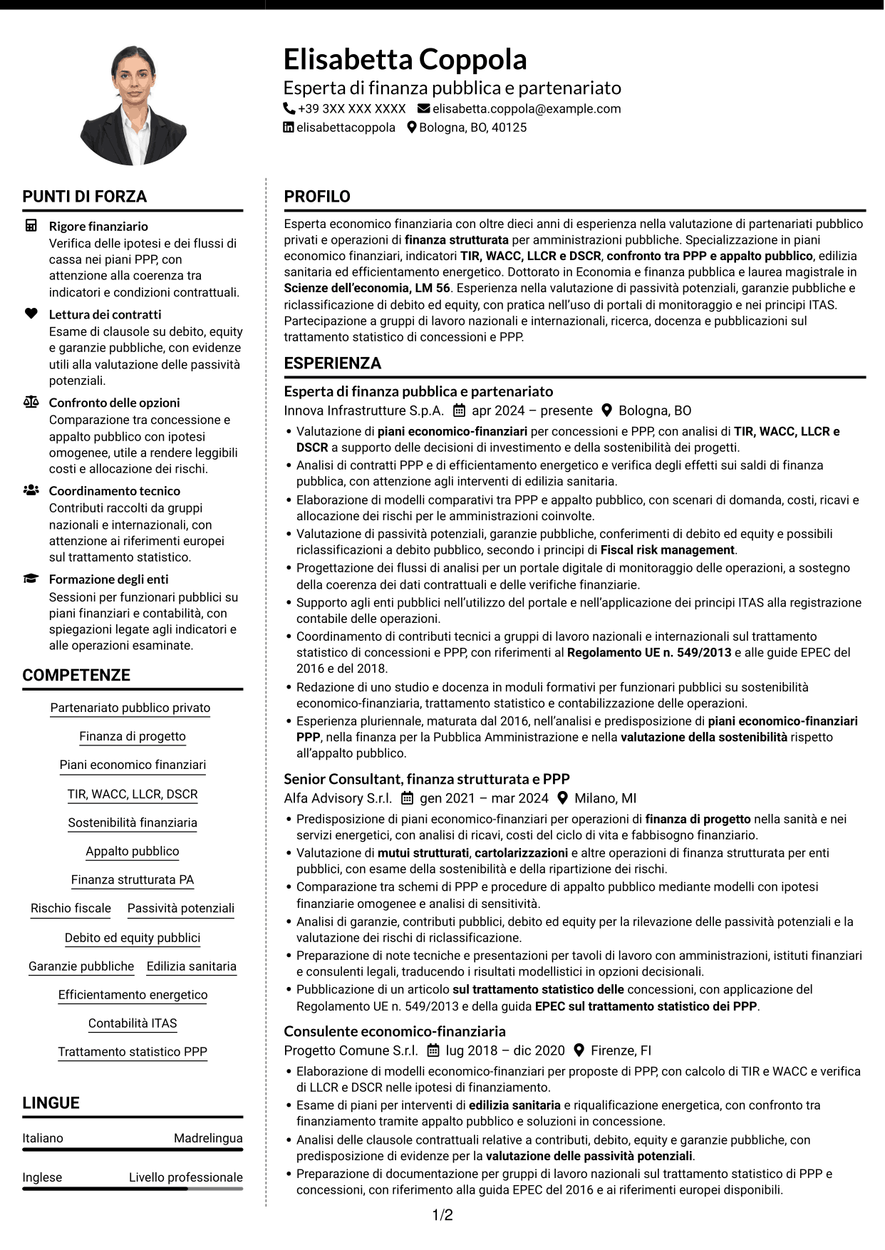 CV Moderno (formato a due colonne con foto a sinistra e separatore): Esperto economico-finanziario - Partenariato pubblico-privato, pagina 1