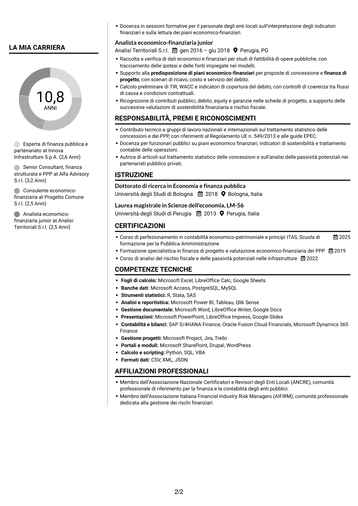 CV Moderno (formato a due colonne con foto a sinistra e separatore): Esperto economico-finanziario - Partenariato pubblico-privato, pagina 2