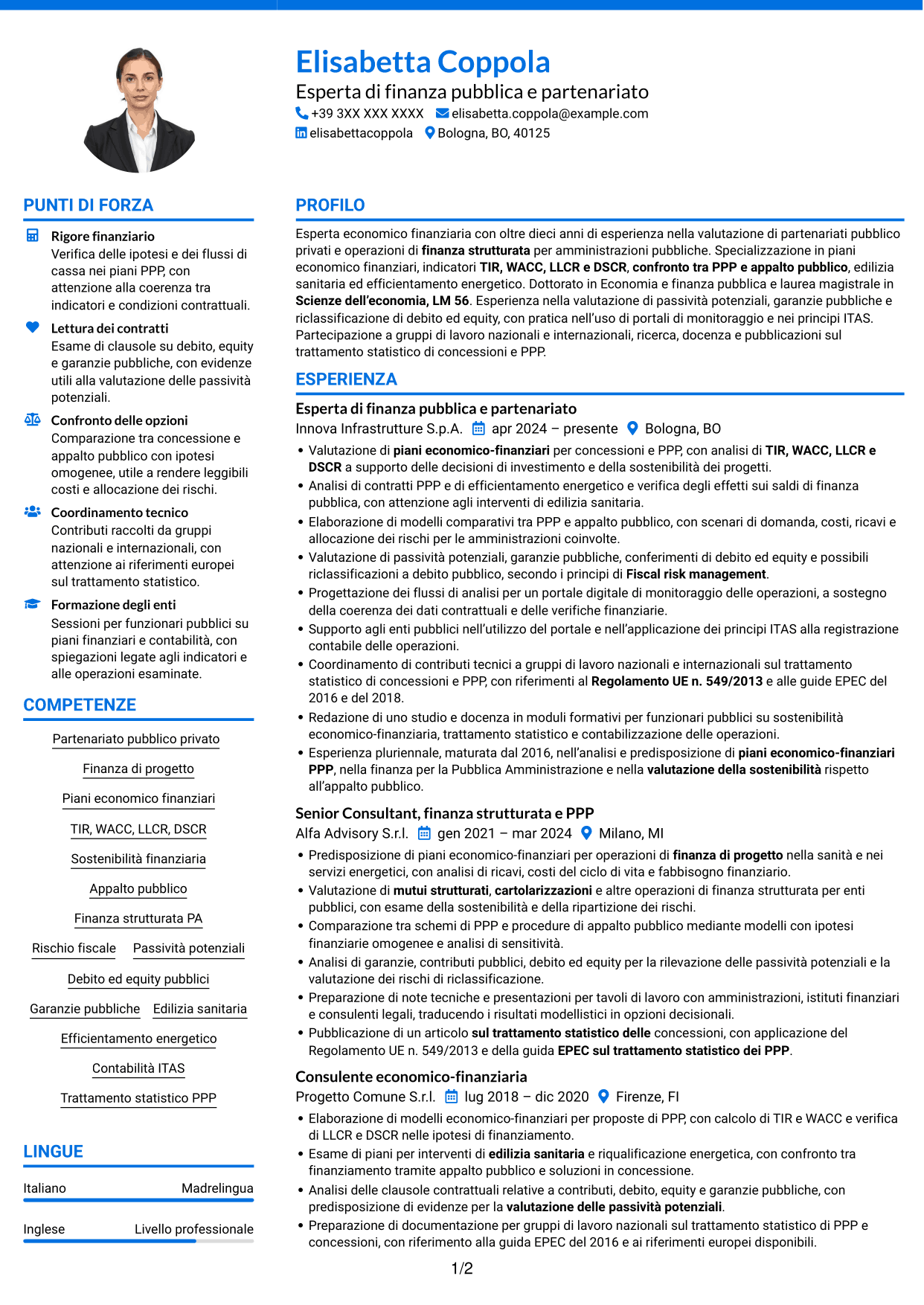 CV Audace (formato a due colonne con accenti colorati e foto): Esperto economico-finanziario - Partenariato pubblico-privato, pagina 1