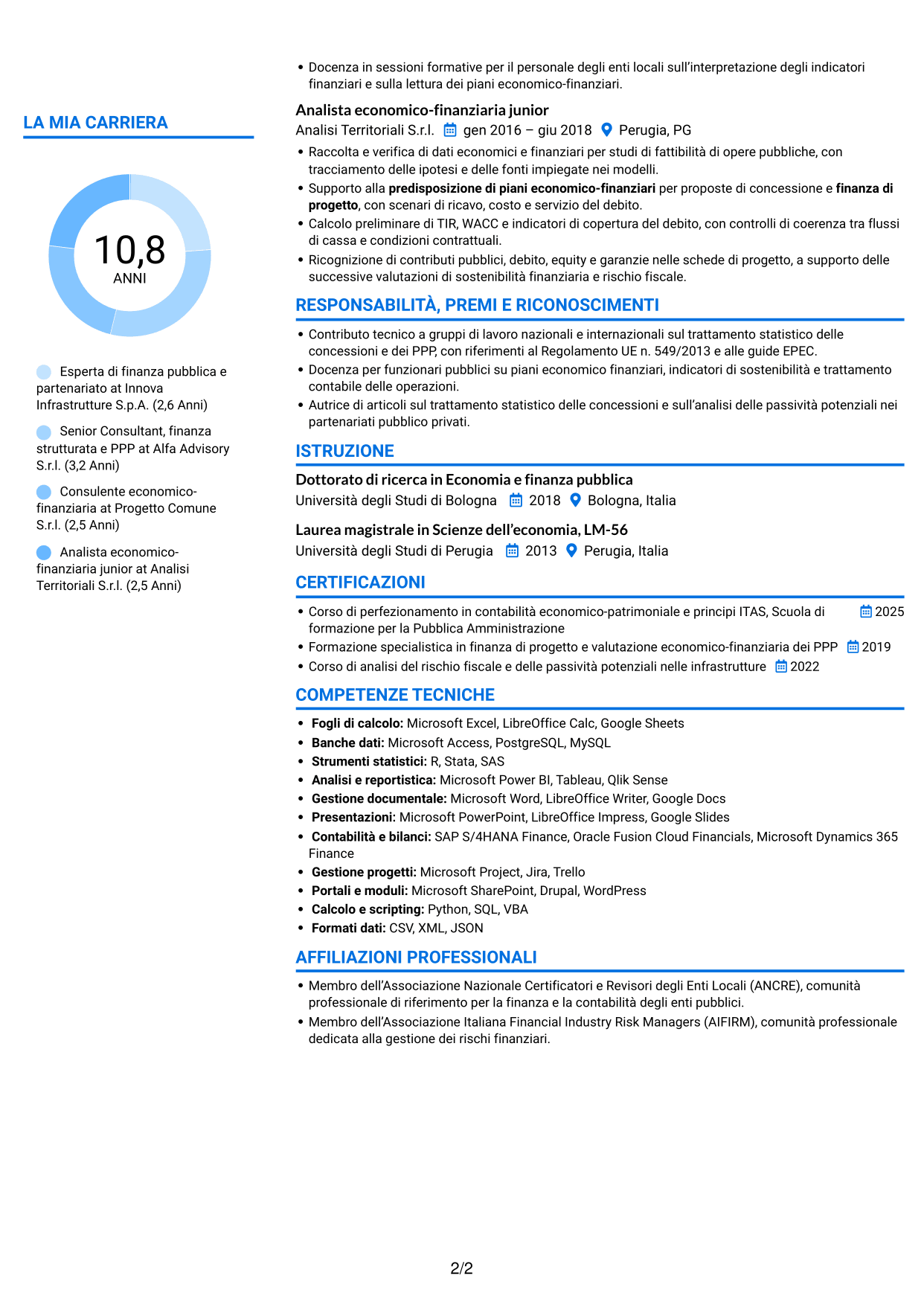 CV Audace (formato a due colonne con accenti colorati e foto): Esperto economico-finanziario - Partenariato pubblico-privato, pagina 2