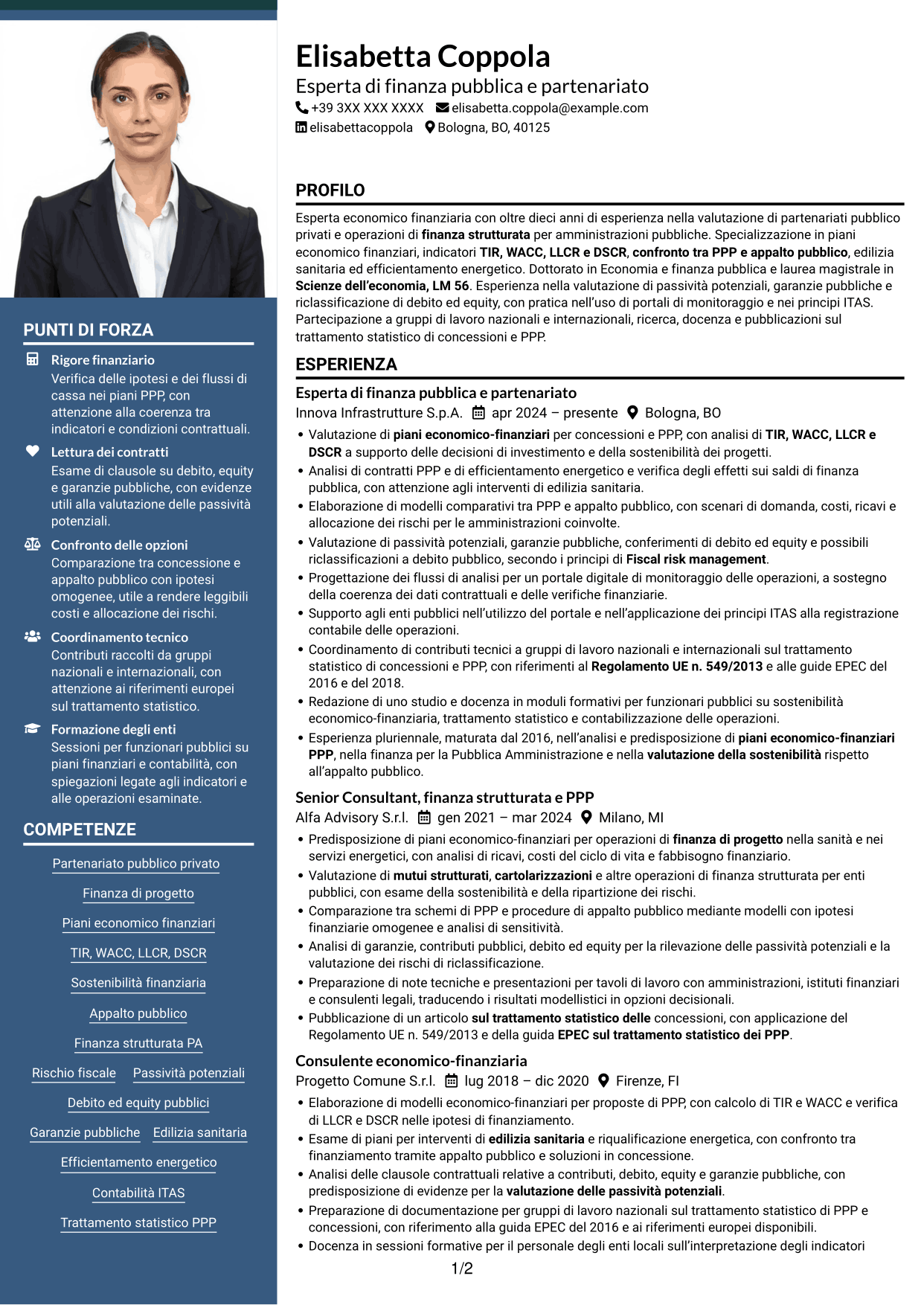 CV Signature (formato con colonna laterale colorata e foto grande): Esperto economico-finanziario - Partenariato pubblico-privato, pagina 1