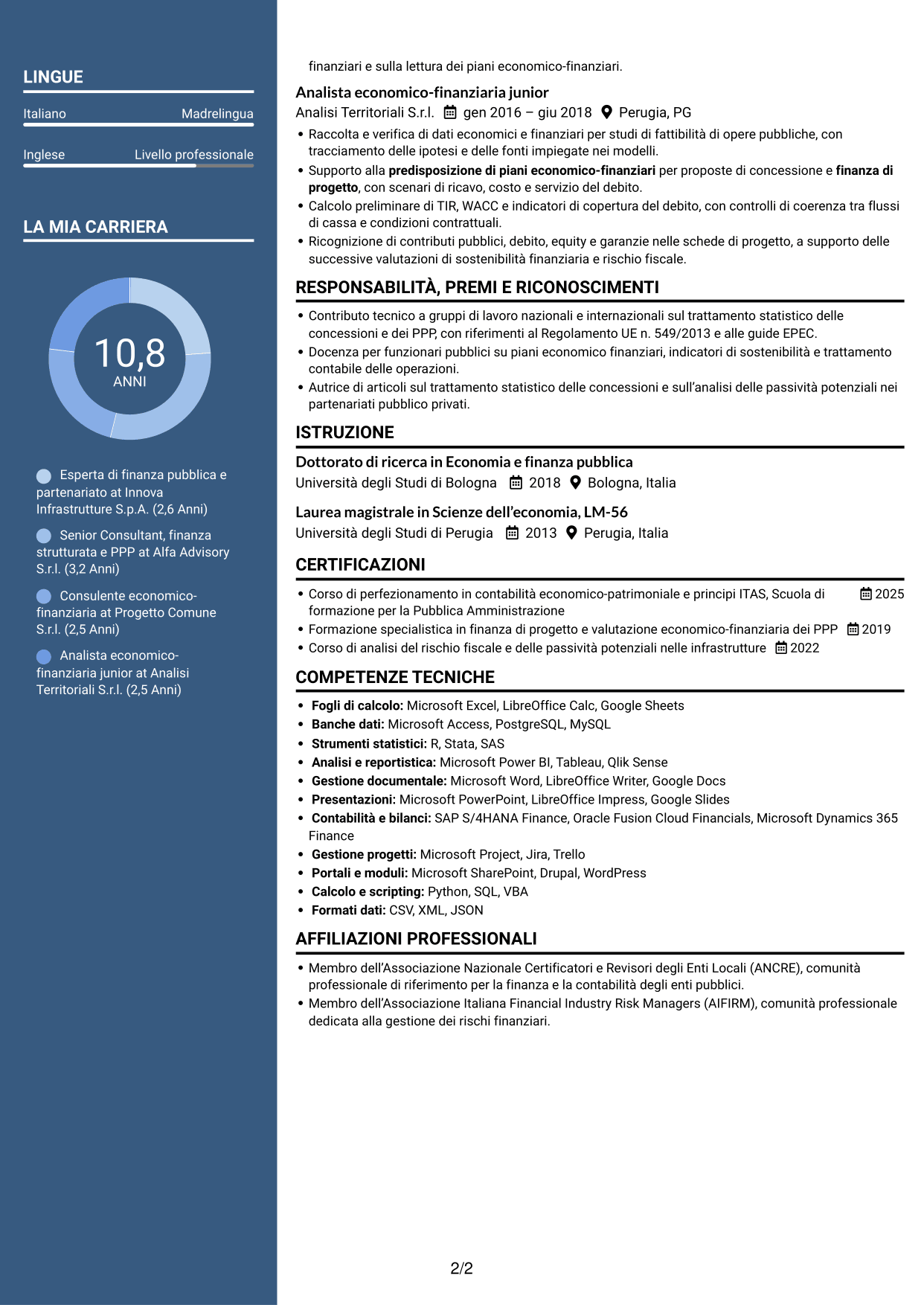 CV Signature (formato con colonna laterale colorata e foto grande): Esperto economico-finanziario - Partenariato pubblico-privato, pagina 2