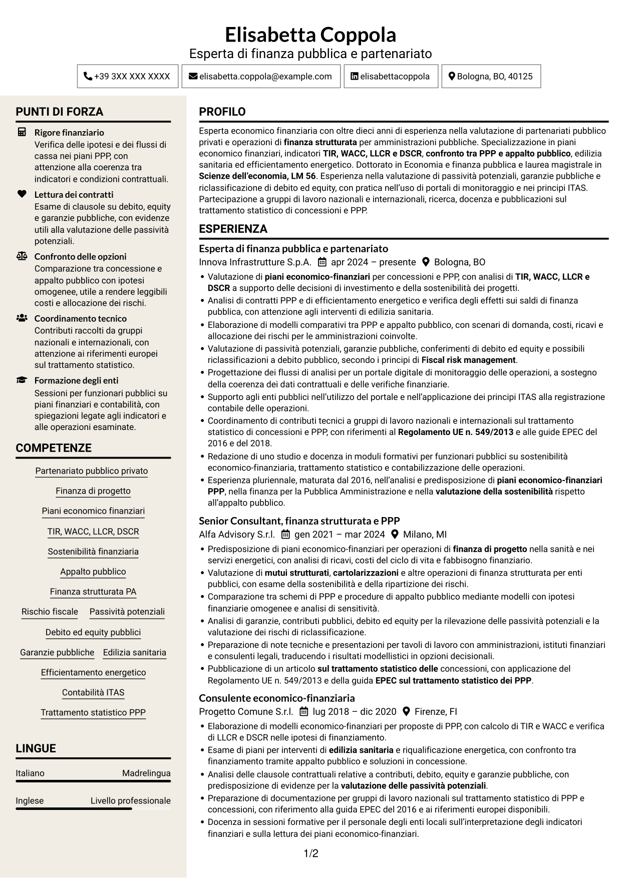CV Intraprendente (formato a due colonne con intestazione centrata senza foto): Esperto economico-finanziario - Partenariato pubblico-privato, pagina 1