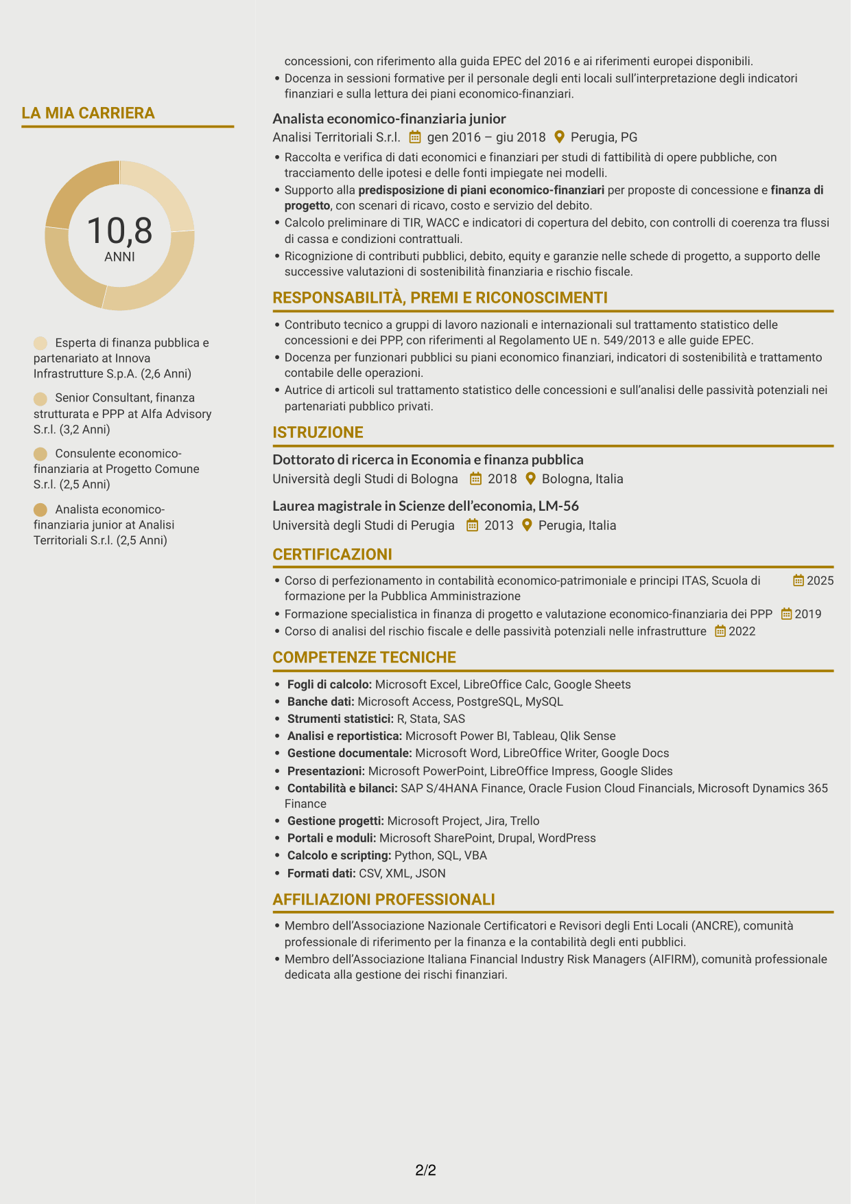 CV Dinamico (formato a due colonne con icone): Esperto economico-finanziario - Partenariato pubblico-privato, pagina 2