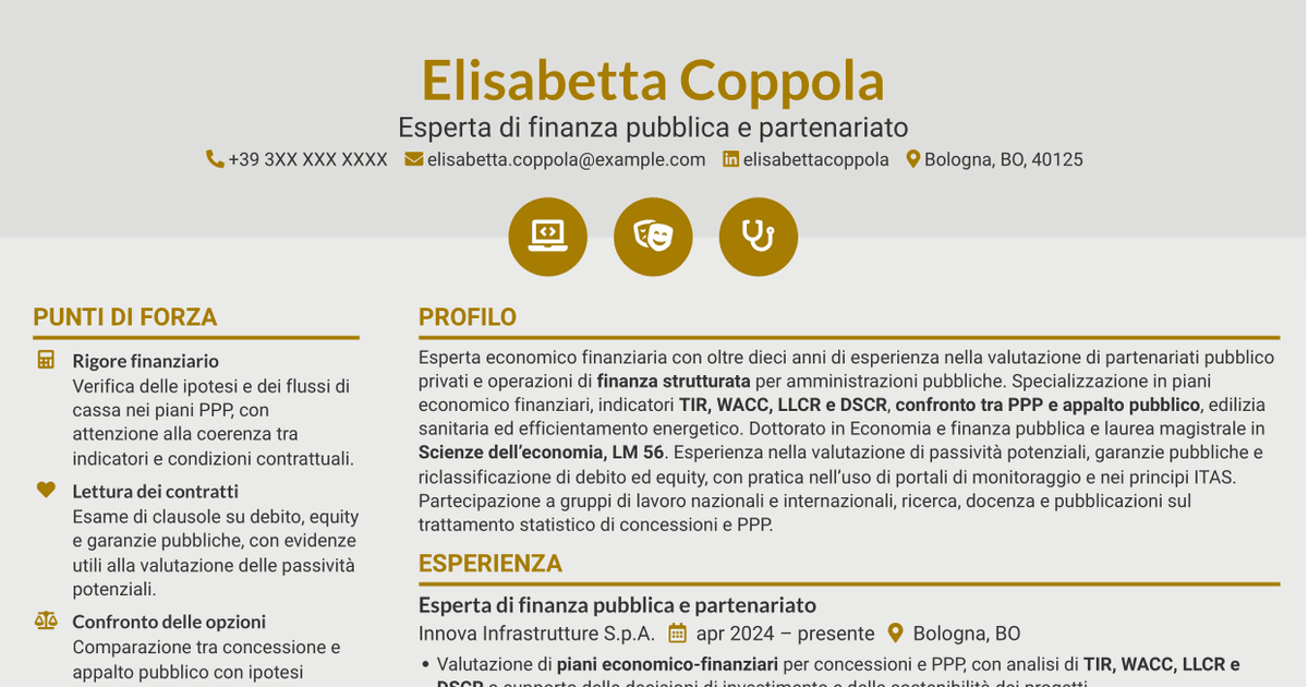 7 modelli di CV per Esperto economico-finanziario - Partenariato pubblico-privato, con esempi