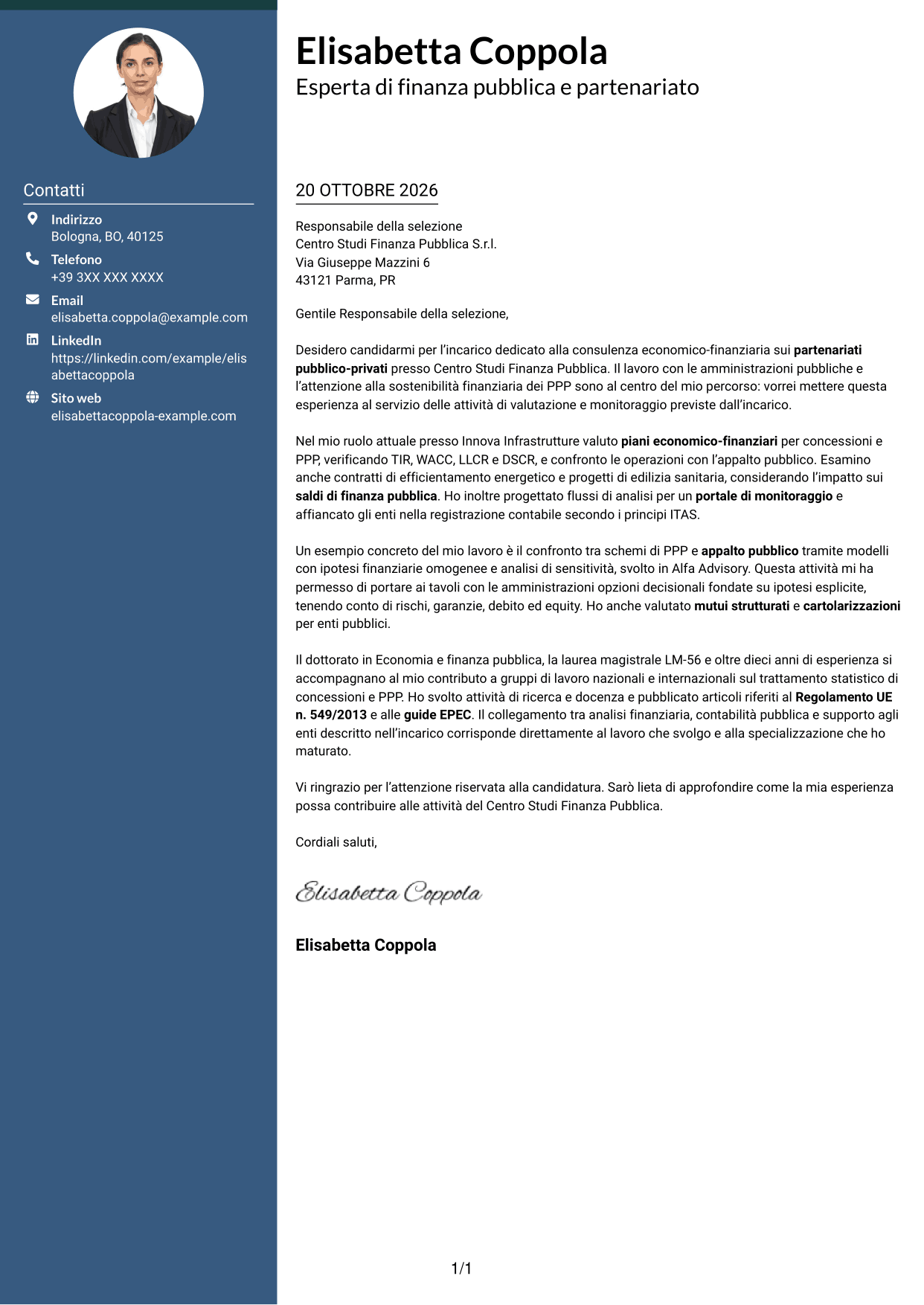 Lettera di presentazione Elegante (formato con colonna laterale colorata e foto): Esperto economico-finanziario - Partenariato pubblico-privato, pagina 1