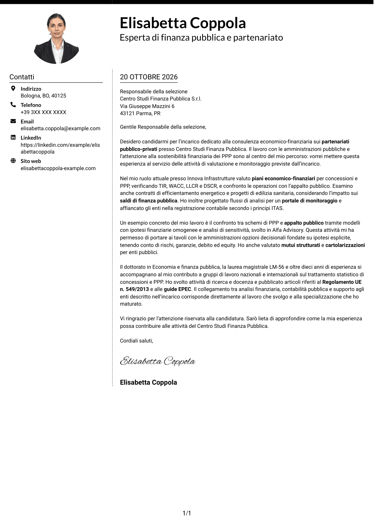 Lettera di presentazione Moderno (formato a due colonne con foto a sinistra e separatore): Esperto economico-finanziario - Partenariato pubblico-privato, pagina 1