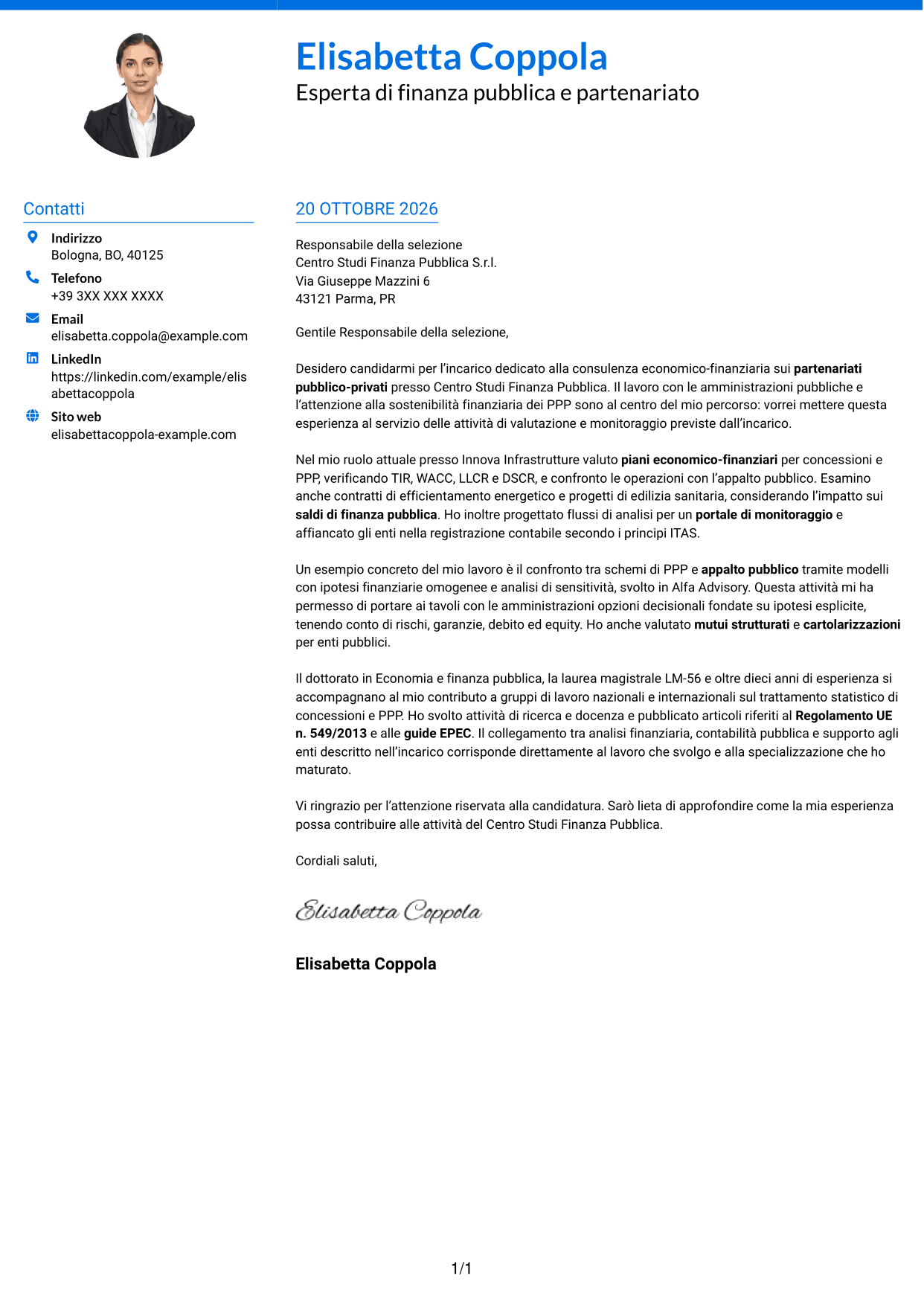 Lettera di presentazione Audace (formato a due colonne con accenti colorati e foto): Esperto economico-finanziario - Partenariato pubblico-privato, pagina 1