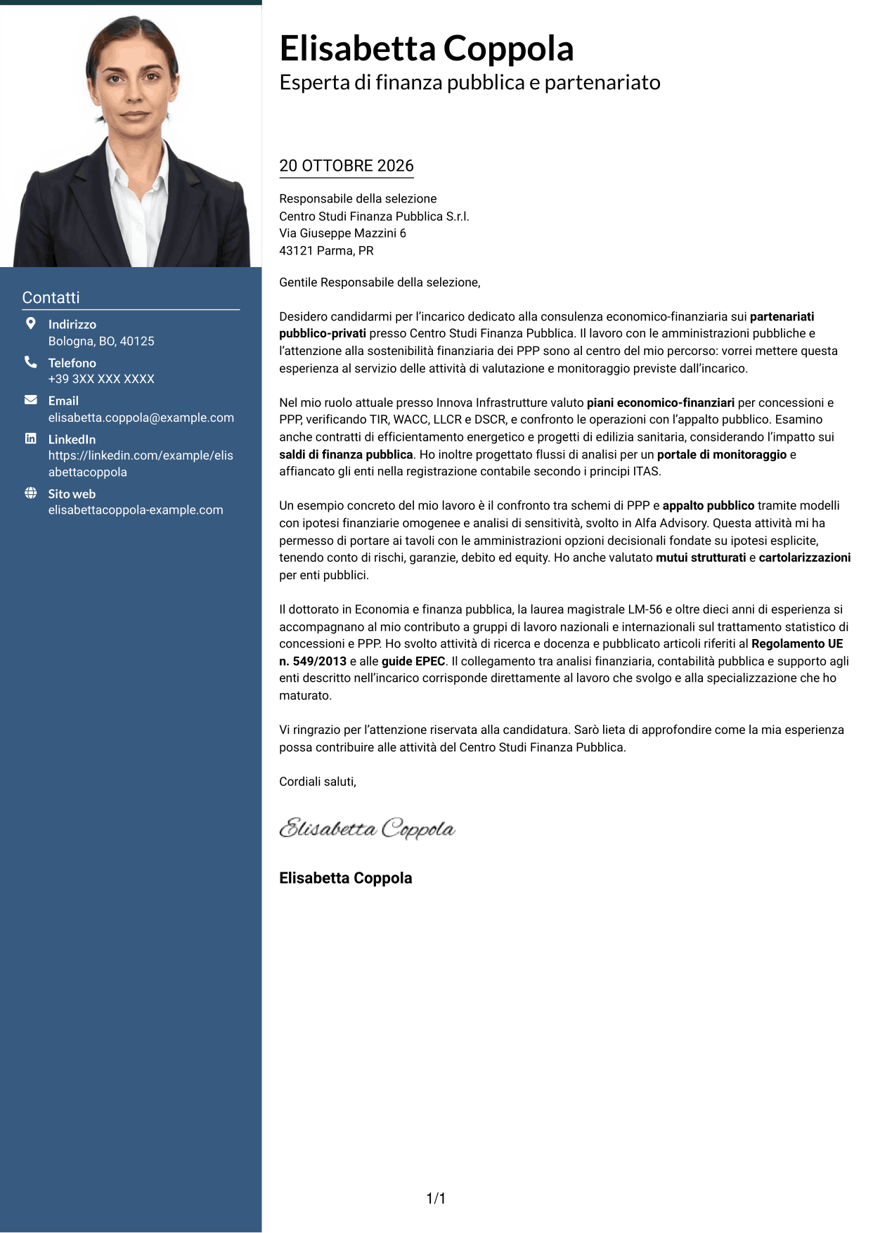 Lettera di presentazione Signature (formato con colonna laterale colorata e foto grande): Esperto economico-finanziario - Partenariato pubblico-privato, pagina 1