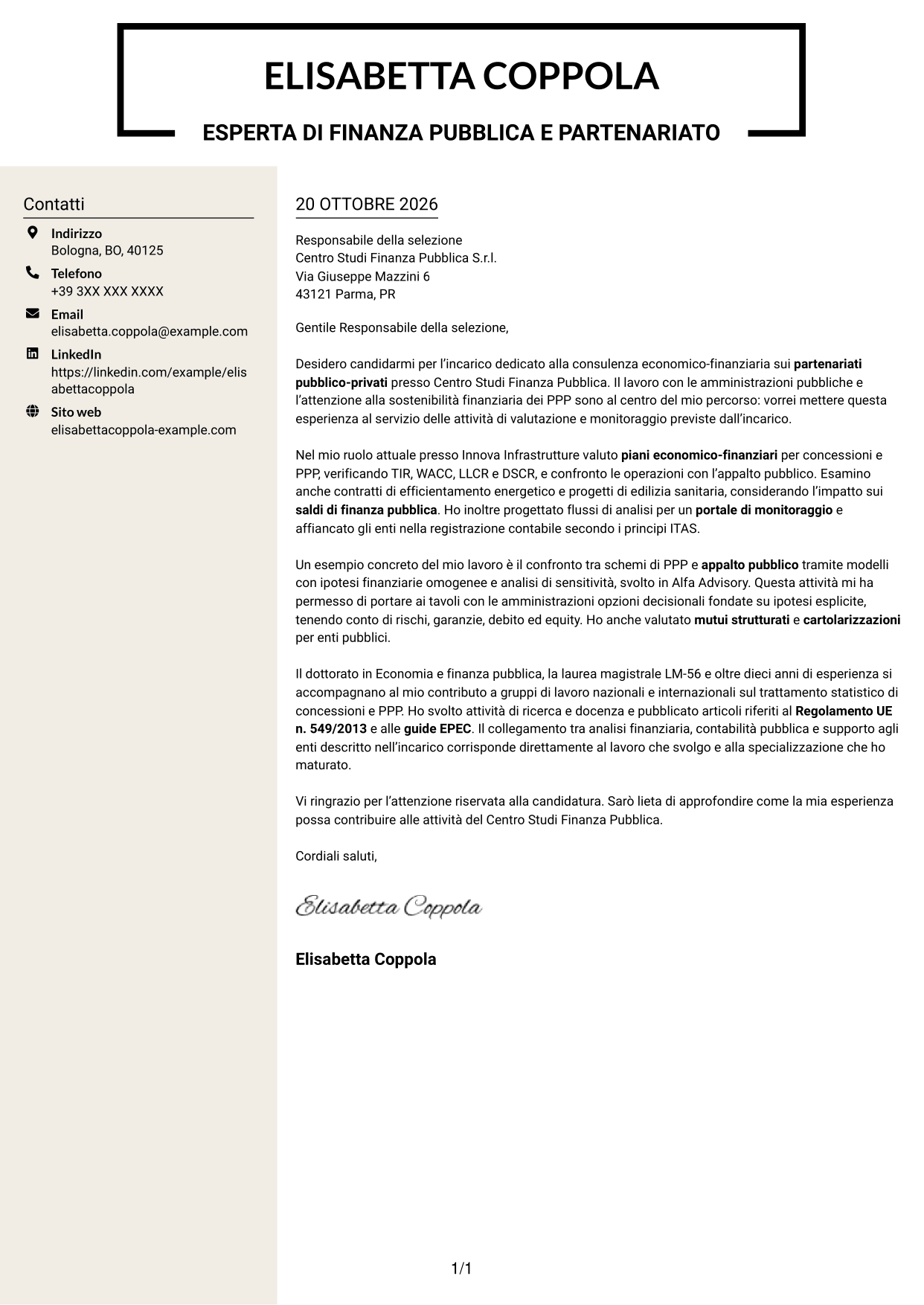 Lettera di presentazione Intraprendente (formato a due colonne con intestazione centrata senza foto): Esperto economico-finanziario - Partenariato pubblico-privato, pagina 1
