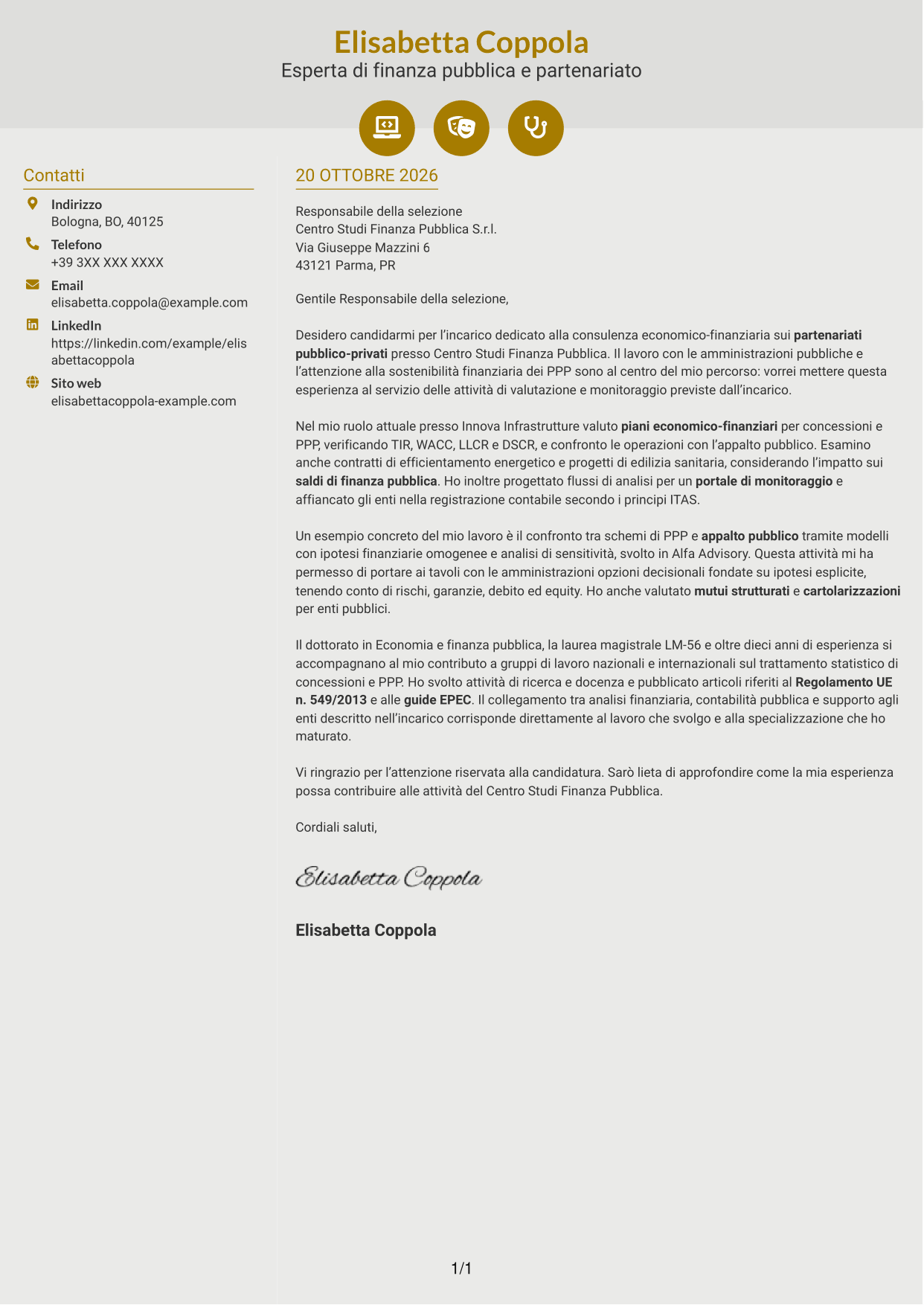 Lettera di presentazione Dinamico (formato a due colonne con icone): Esperto economico-finanziario - Partenariato pubblico-privato, pagina 1
