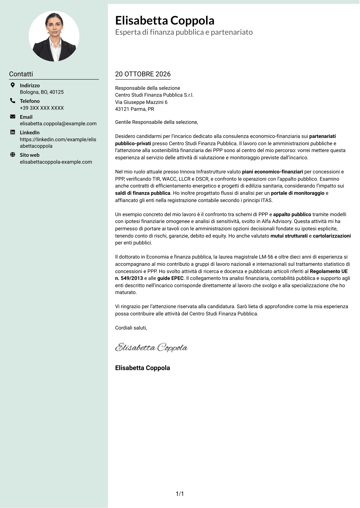Lettera di presentazione Dirigente (formato con colonna laterale tenue e foto arrotondata): Esperto economico-finanziario - Partenariato pubblico-privato, pagina 1