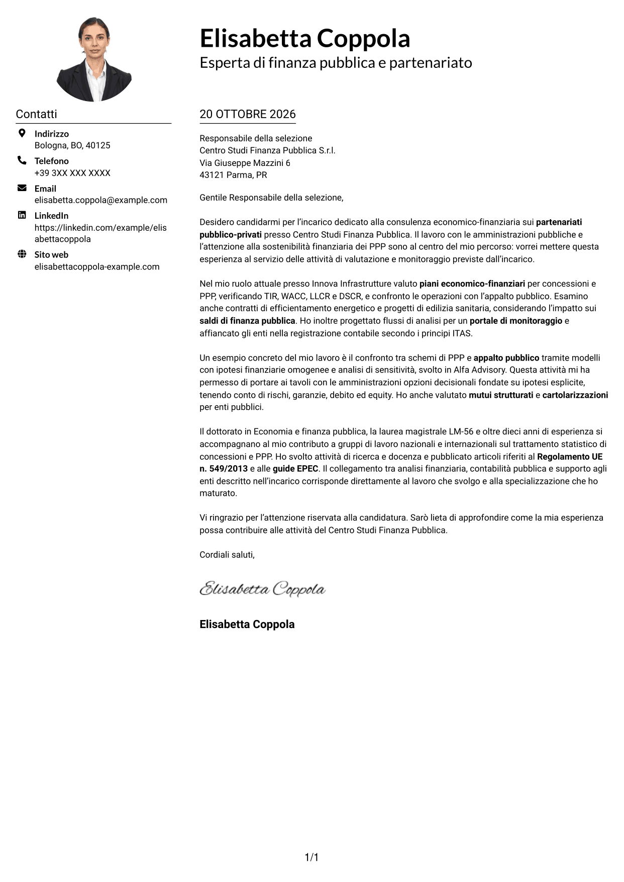Esempio di lettera di presentazione — pagina 1