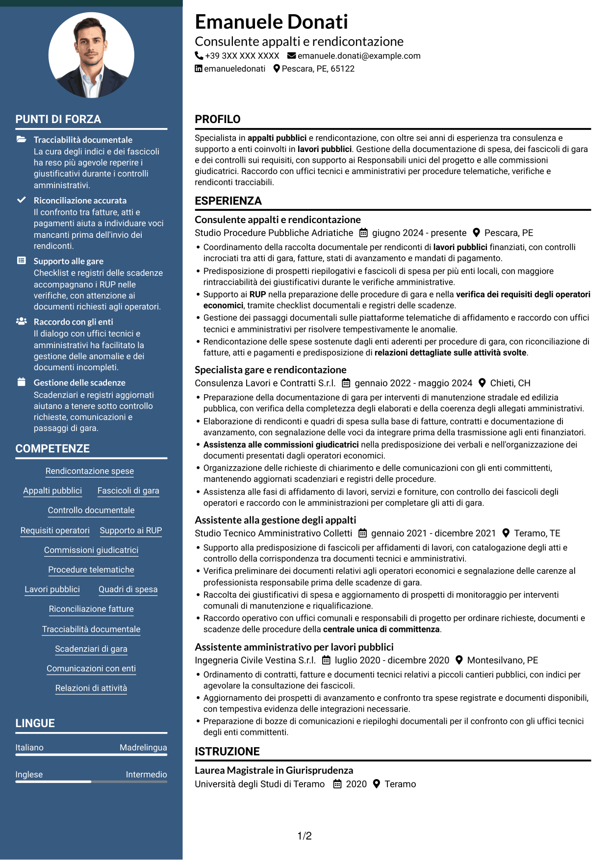 CV Elegante (formato con colonna laterale colorata e foto): Esperto in rendicontazione appalti pubblici, pagina 1
