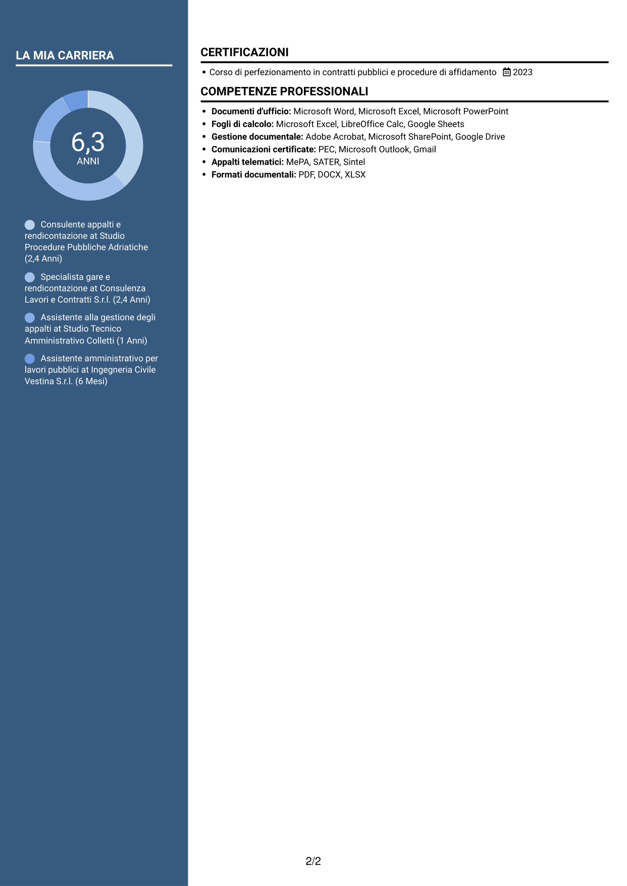 CV Elegante (formato con colonna laterale colorata e foto): Esperto in rendicontazione appalti pubblici, pagina 2