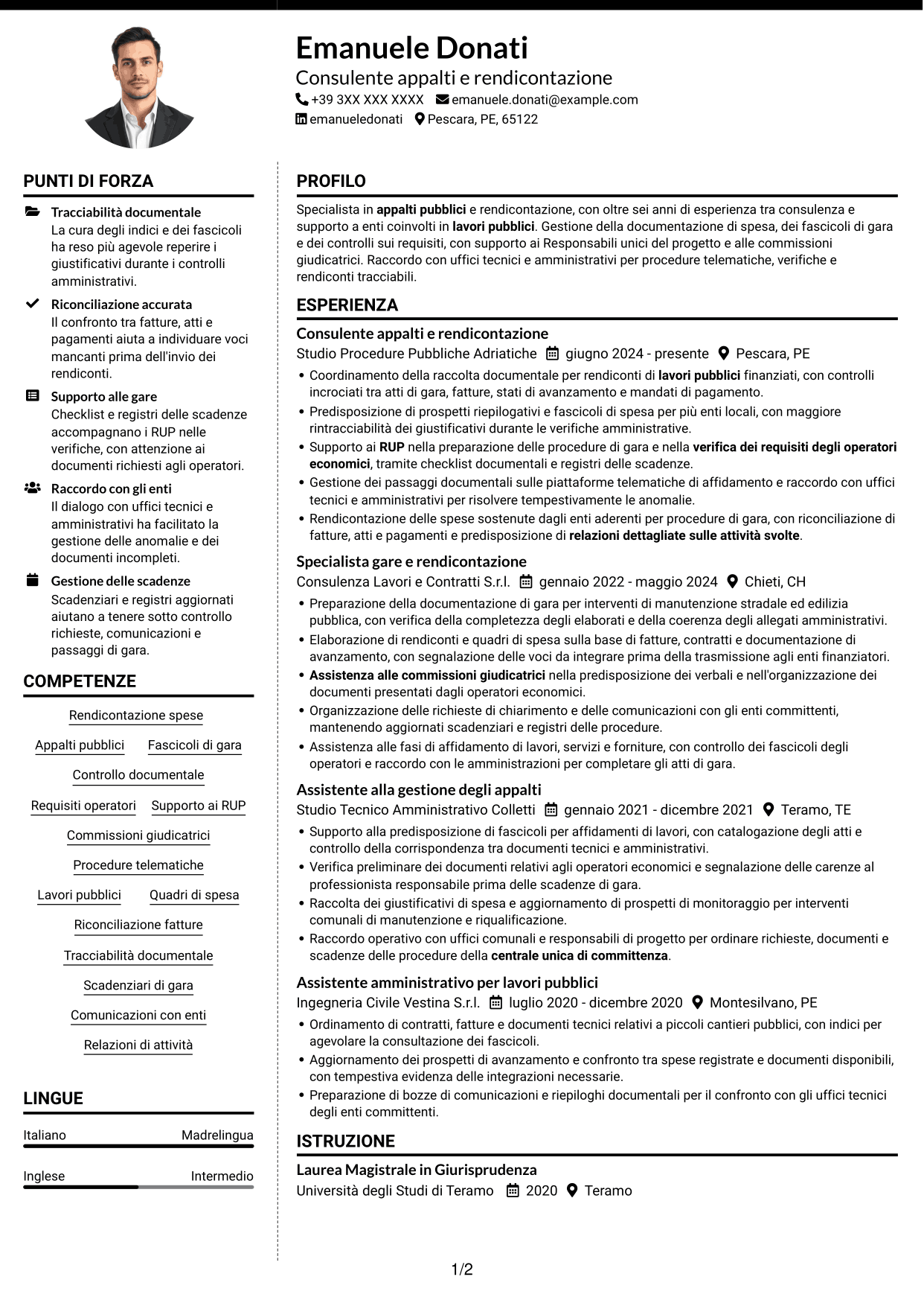 CV Moderno (formato a due colonne con foto a sinistra e separatore): Esperto in rendicontazione appalti pubblici, pagina 1
