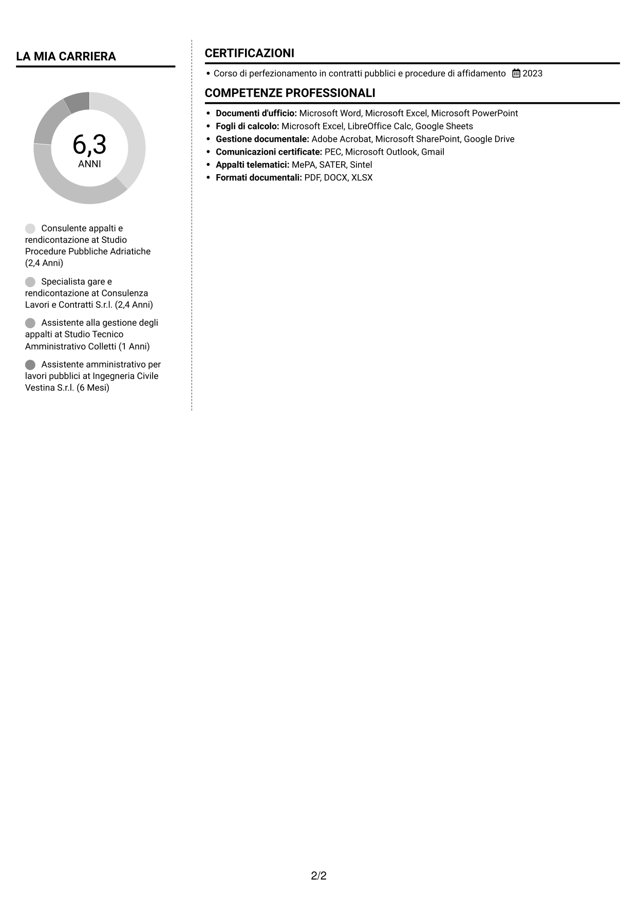 CV Moderno (formato a due colonne con foto a sinistra e separatore): Esperto in rendicontazione appalti pubblici, pagina 2