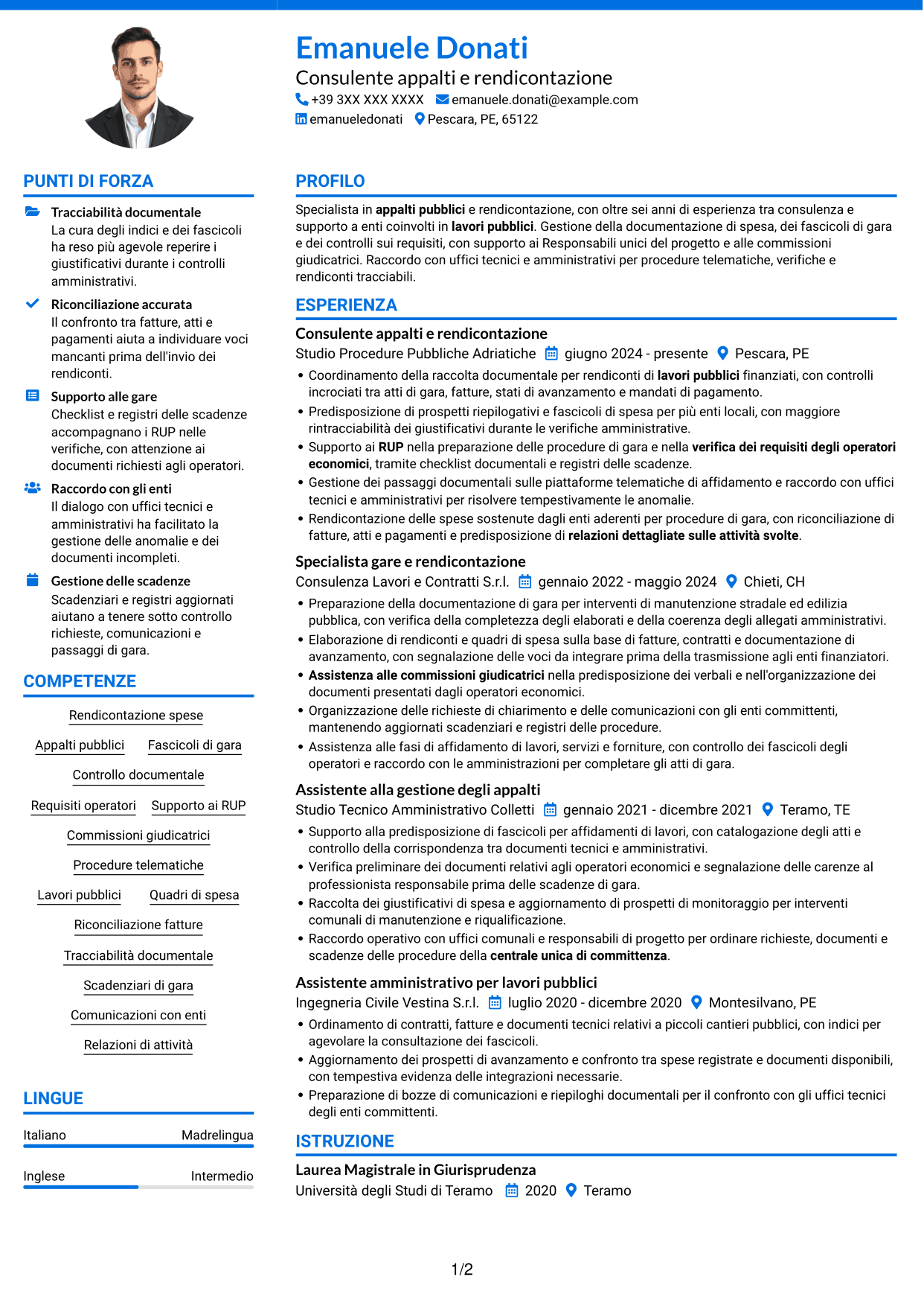 CV Audace (formato a due colonne con accenti colorati e foto): Esperto in rendicontazione appalti pubblici, pagina 1