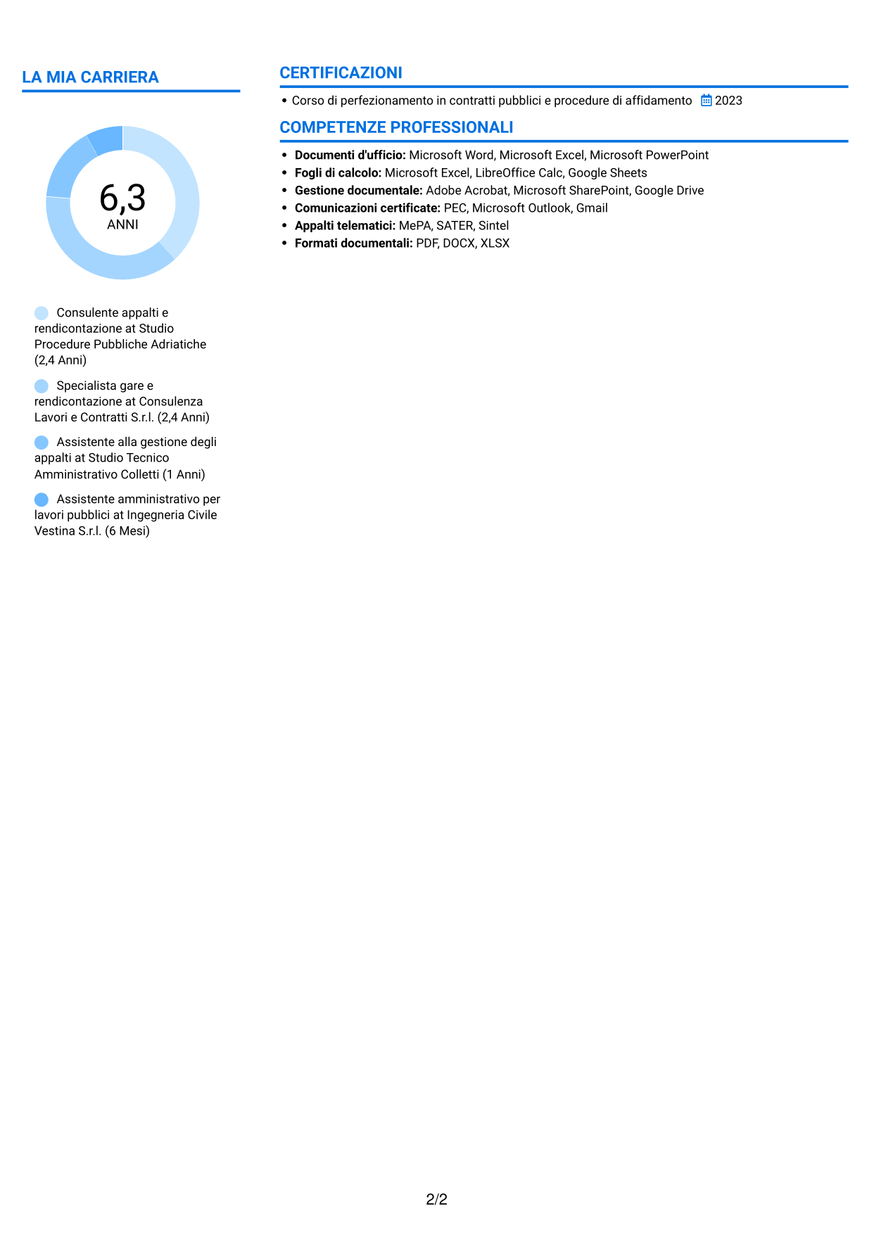 CV Audace (formato a due colonne con accenti colorati e foto): Esperto in rendicontazione appalti pubblici, pagina 2