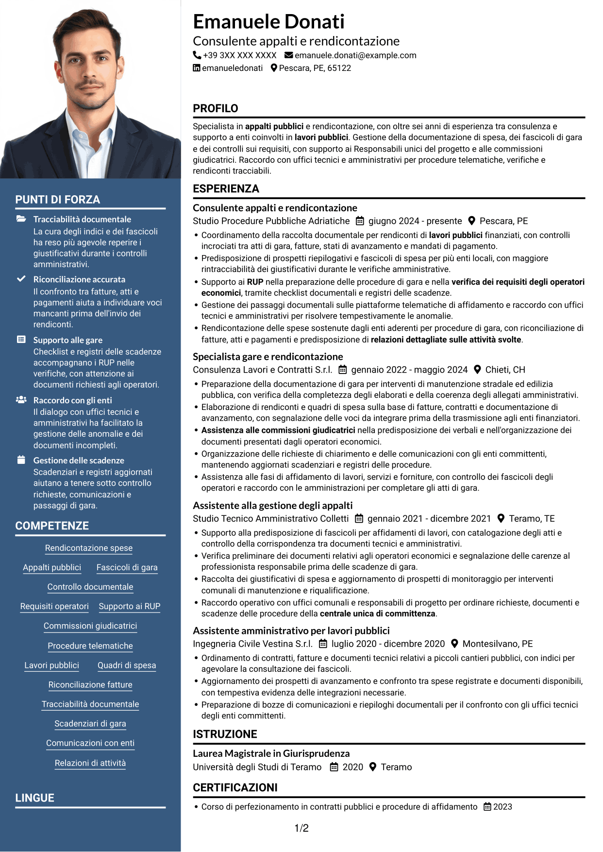 CV Signature (formato con colonna laterale colorata e foto grande): Esperto in rendicontazione appalti pubblici, pagina 1