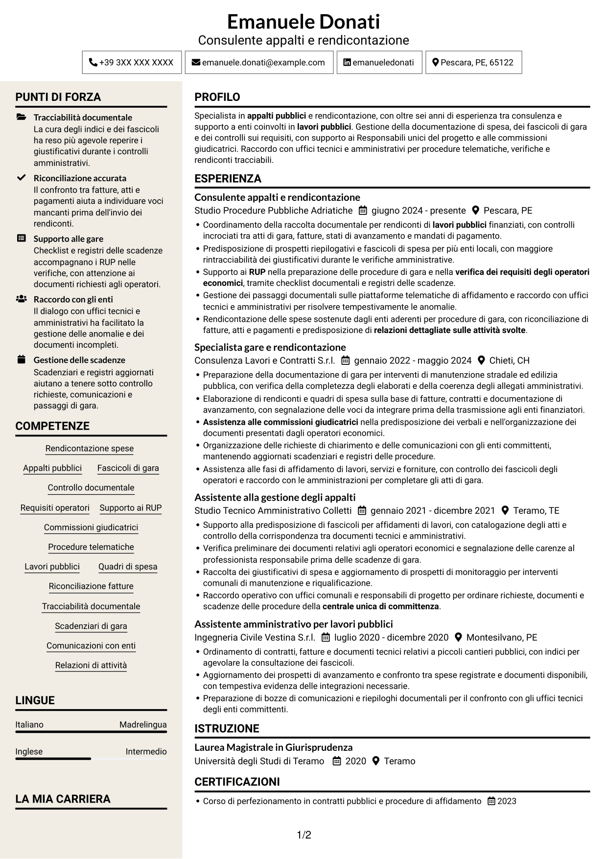 CV Intraprendente (formato a due colonne con intestazione centrata senza foto): Esperto in rendicontazione appalti pubblici, pagina 1