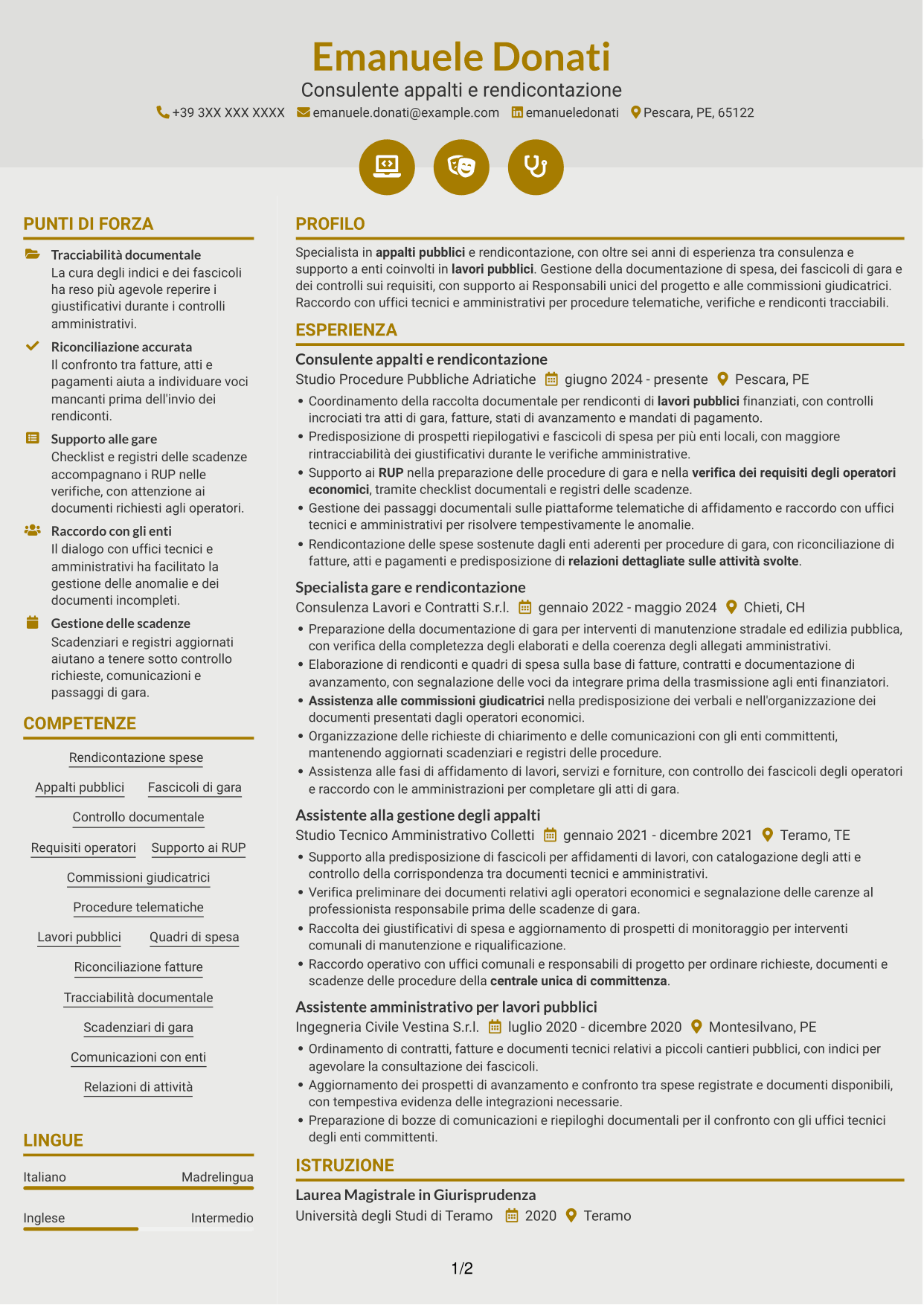 CV Dinamico (formato a due colonne con icone): Esperto in rendicontazione appalti pubblici, pagina 1
