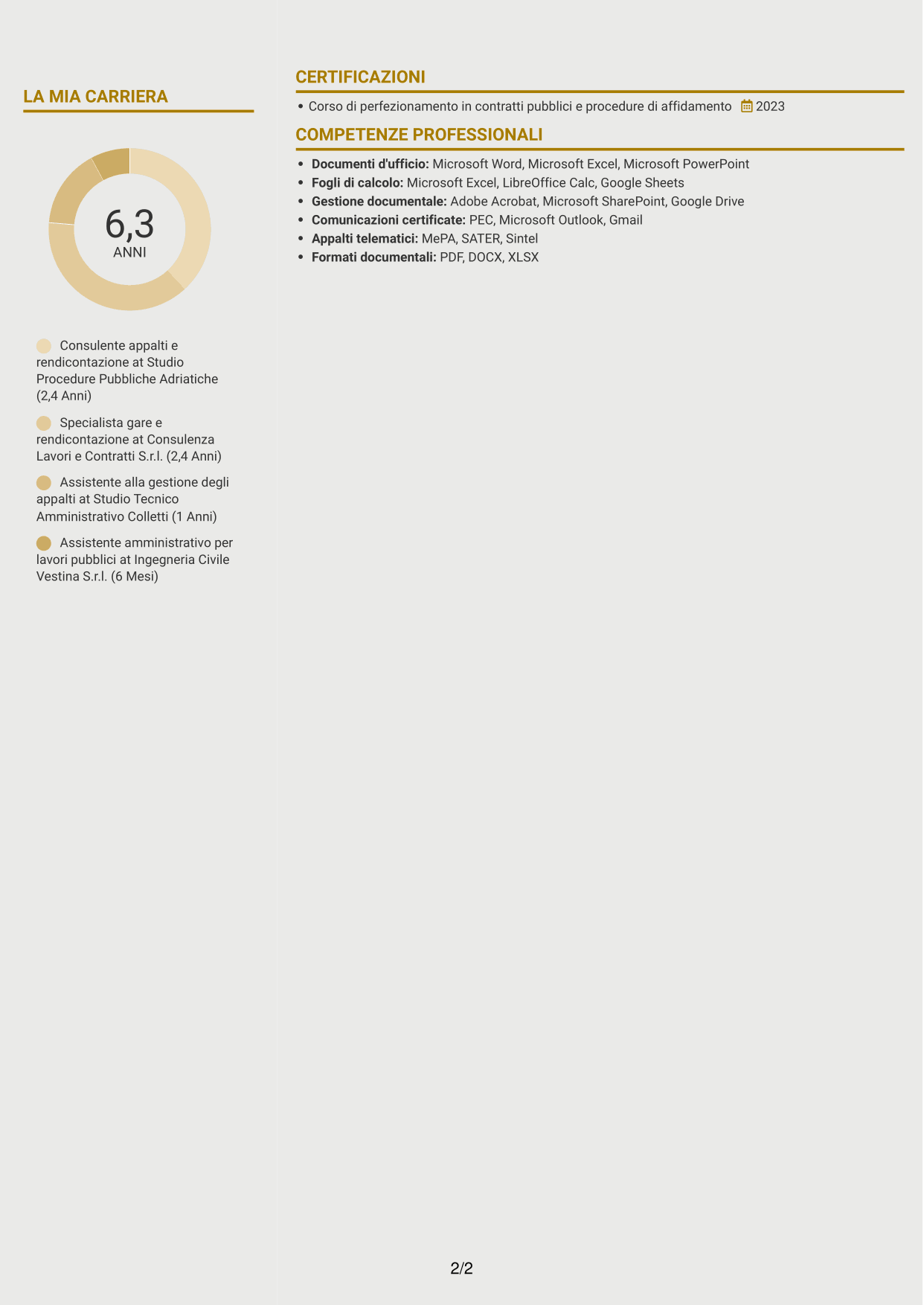 CV Dinamico (formato a due colonne con icone): Esperto in rendicontazione appalti pubblici, pagina 2